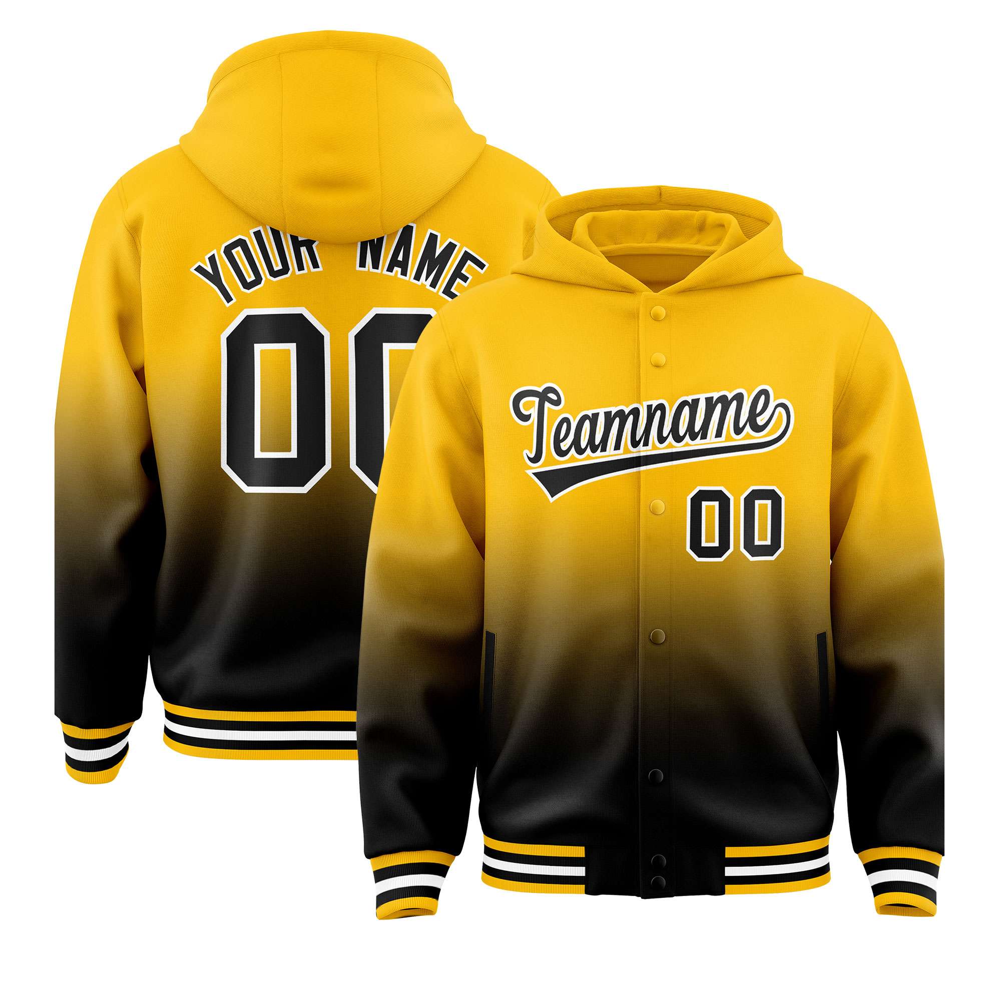 Custom Yellow Black Varsity Full-Snap Letterman Gradient Hoodie Jacket