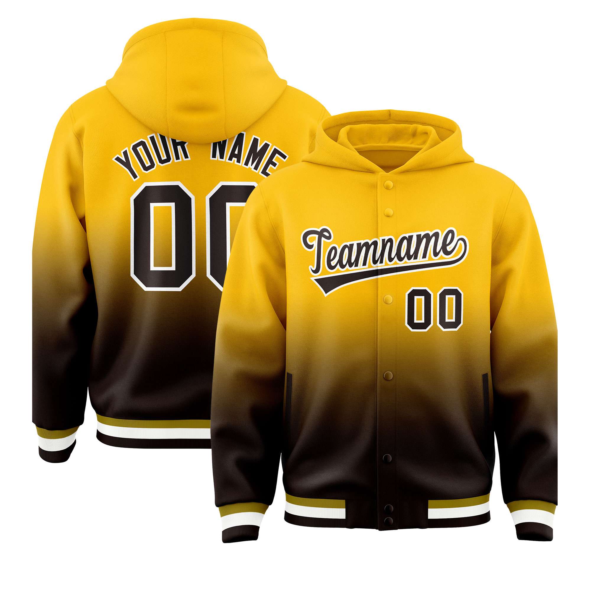 Custom Yellow Brown Varsity Full-Snap Letterman Gradient Hoodie Jacket