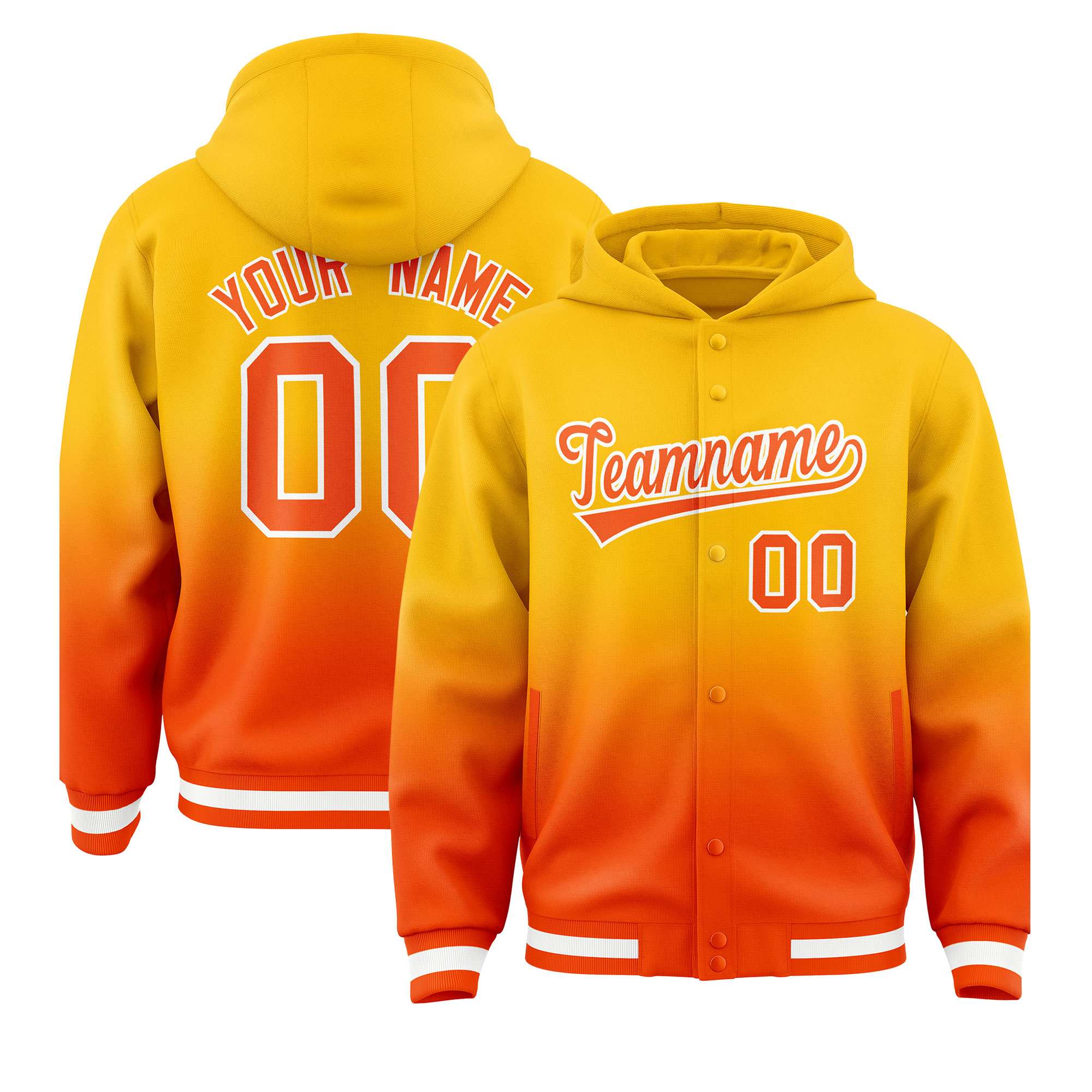 Custom Yellow Orange Varsity Full-Snap Letterman Gradient Hoodie Jacket