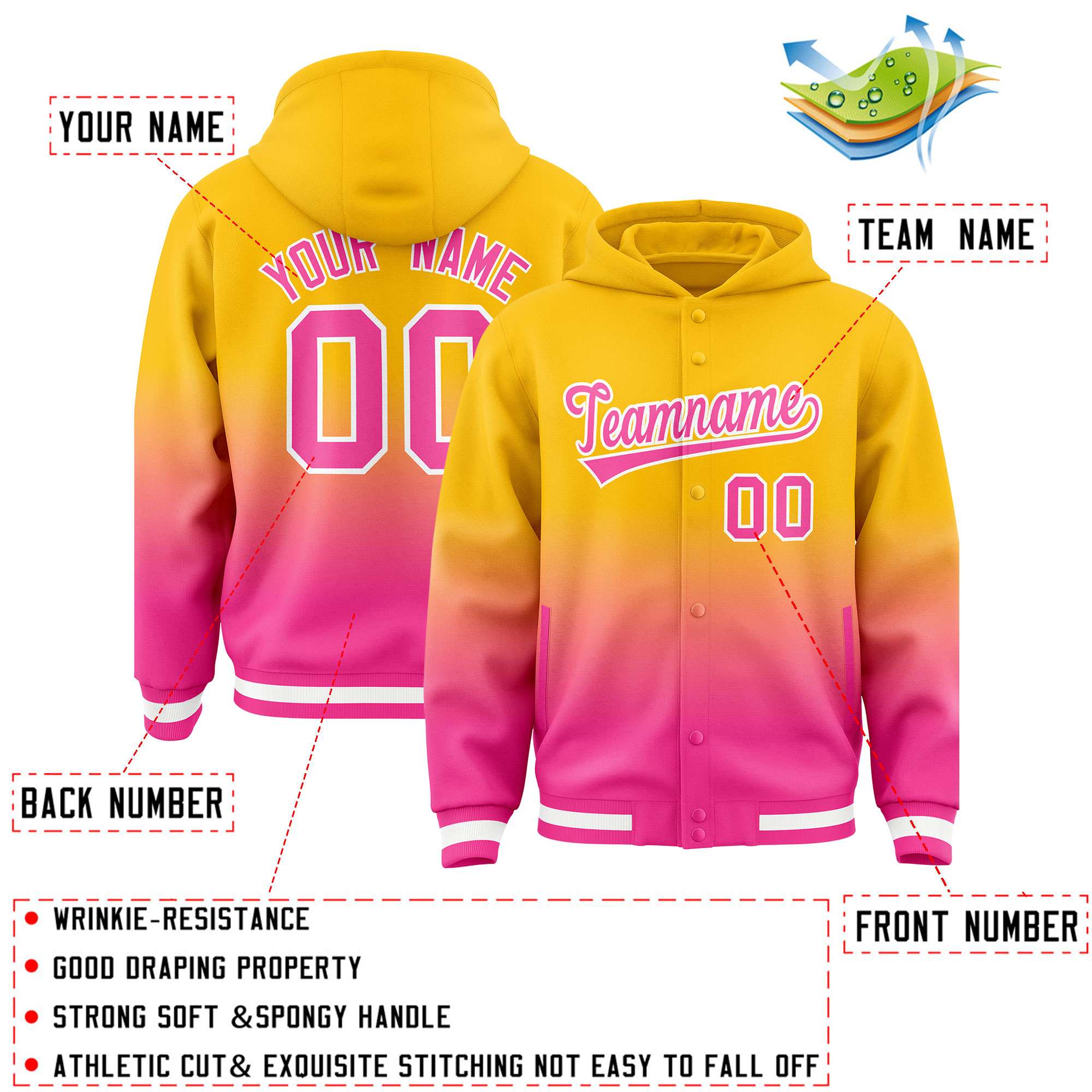 Custom Yellow Pink Varsity Full-Snap Letterman Gradient Hoodie Jacket