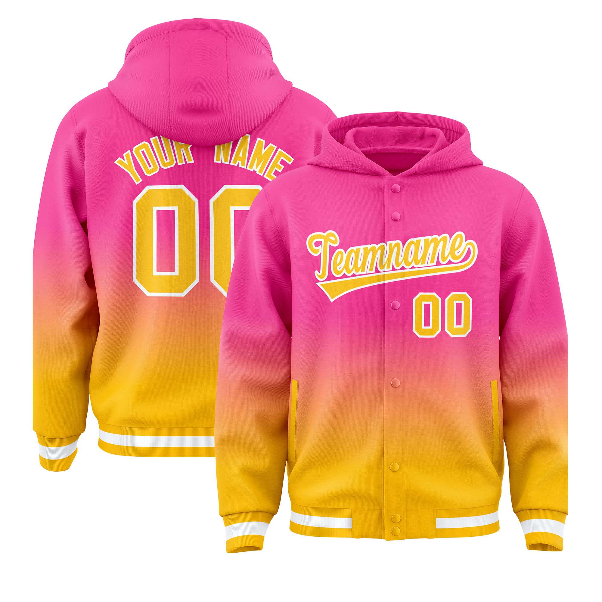 Custom Pink Yellow Varsity Full-Snap Letterman Gradient Hoodie Jacket