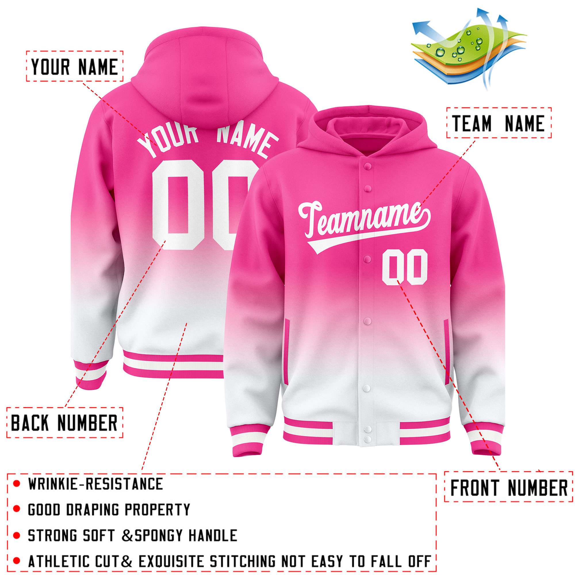 Custom Pink White Varsity Full-Snap Letterman Gradient Hoodie Jacket