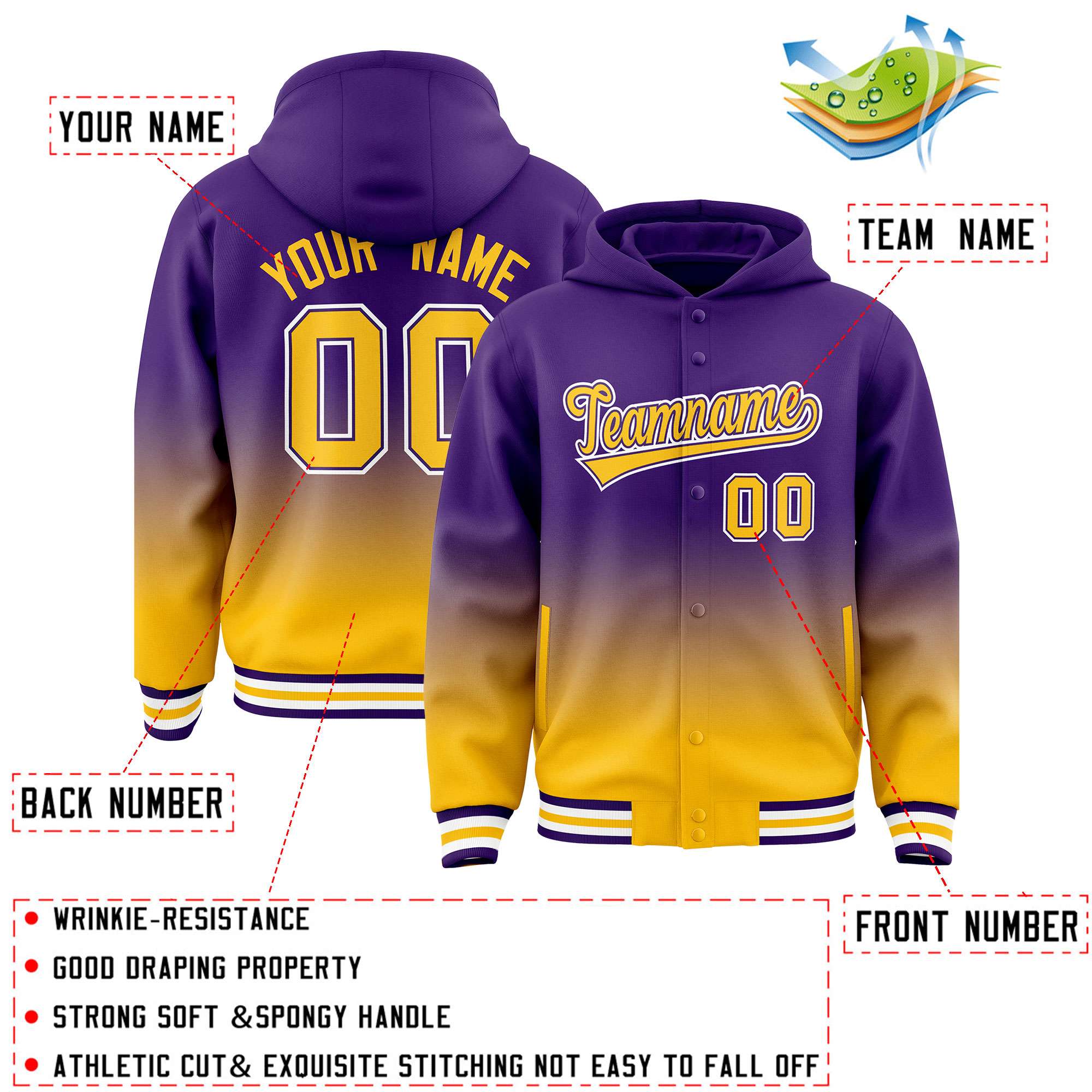 Custom Purple Yellow Varsity Full-Snap Letterman Gradient Hoodie Jacket