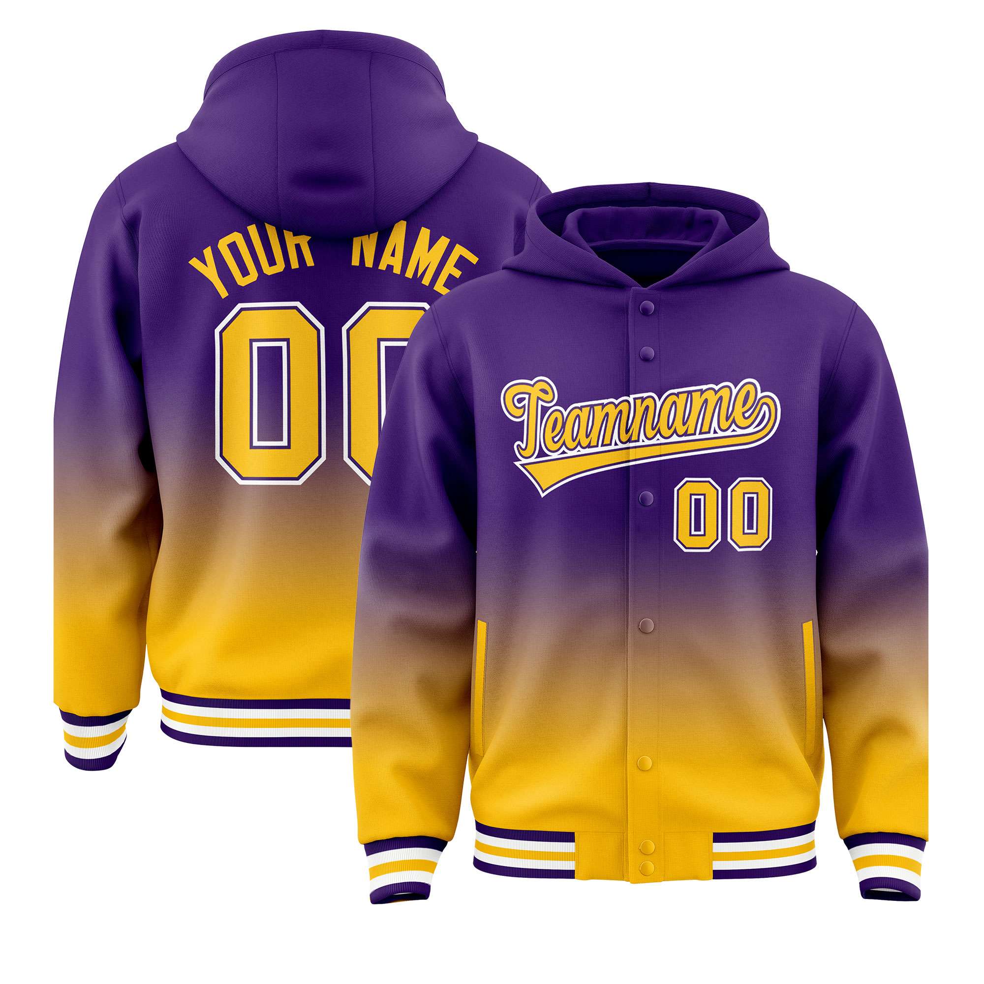 Custom Purple Yellow Varsity Full-Snap Letterman Gradient Hoodie Jacket