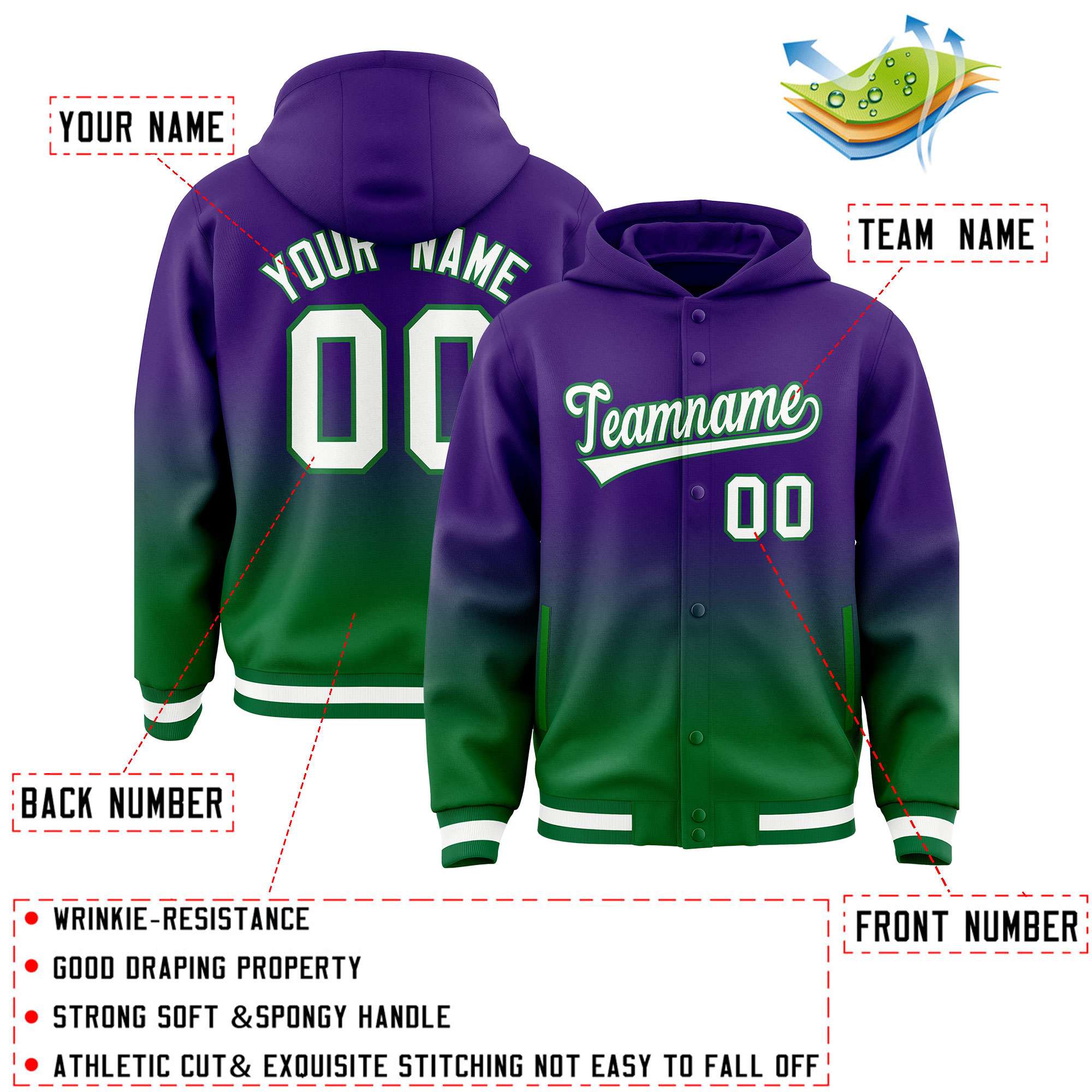 Custom Purple Green Varsity Full-Snap Letterman Gradient Hoodie Jacket