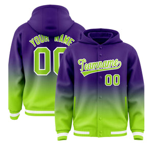 Custom Purple Neon Green Varsity Full-Snap Letterman Gradient Hoodie Jacket