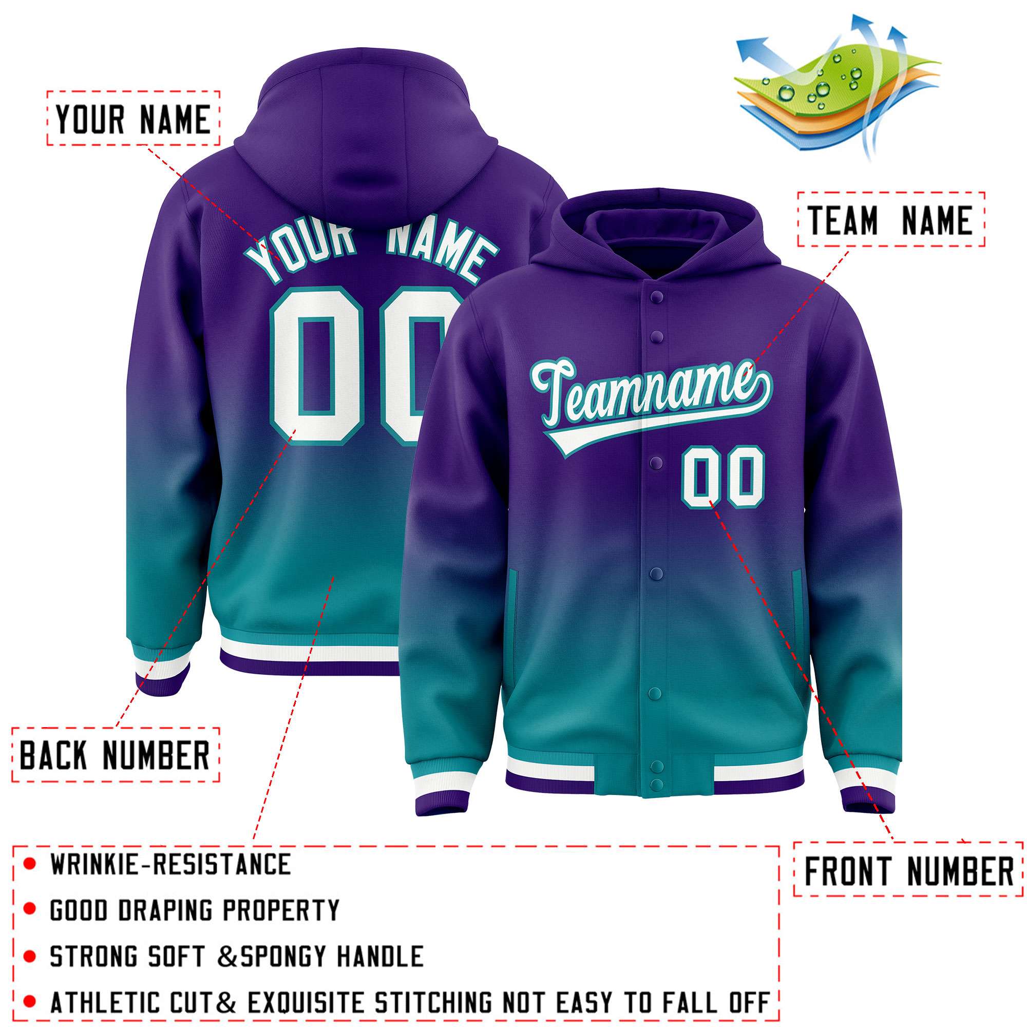 Custom Purple Teal Varsity Full-Snap Letterman Gradient Hoodie Jacket