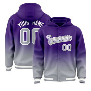 Custom Purple Gray Varsity Full-Snap Letterman Gradient Hoodie Jacket