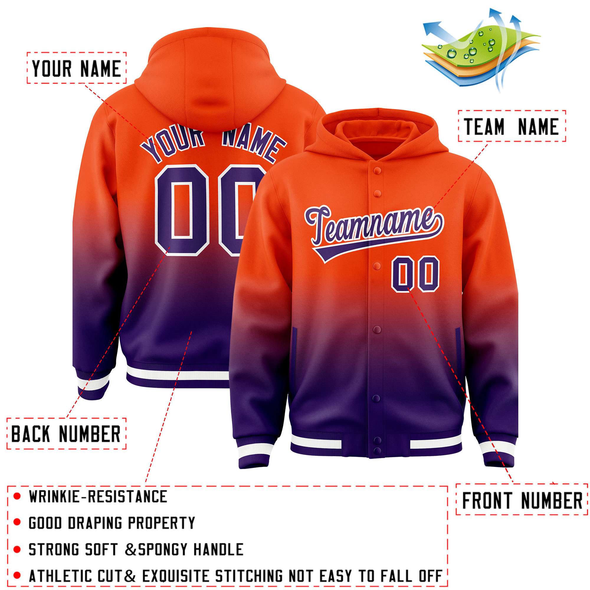 Custom Orange Purple Varsity Full-Snap Letterman Gradient Hoodie Jacket