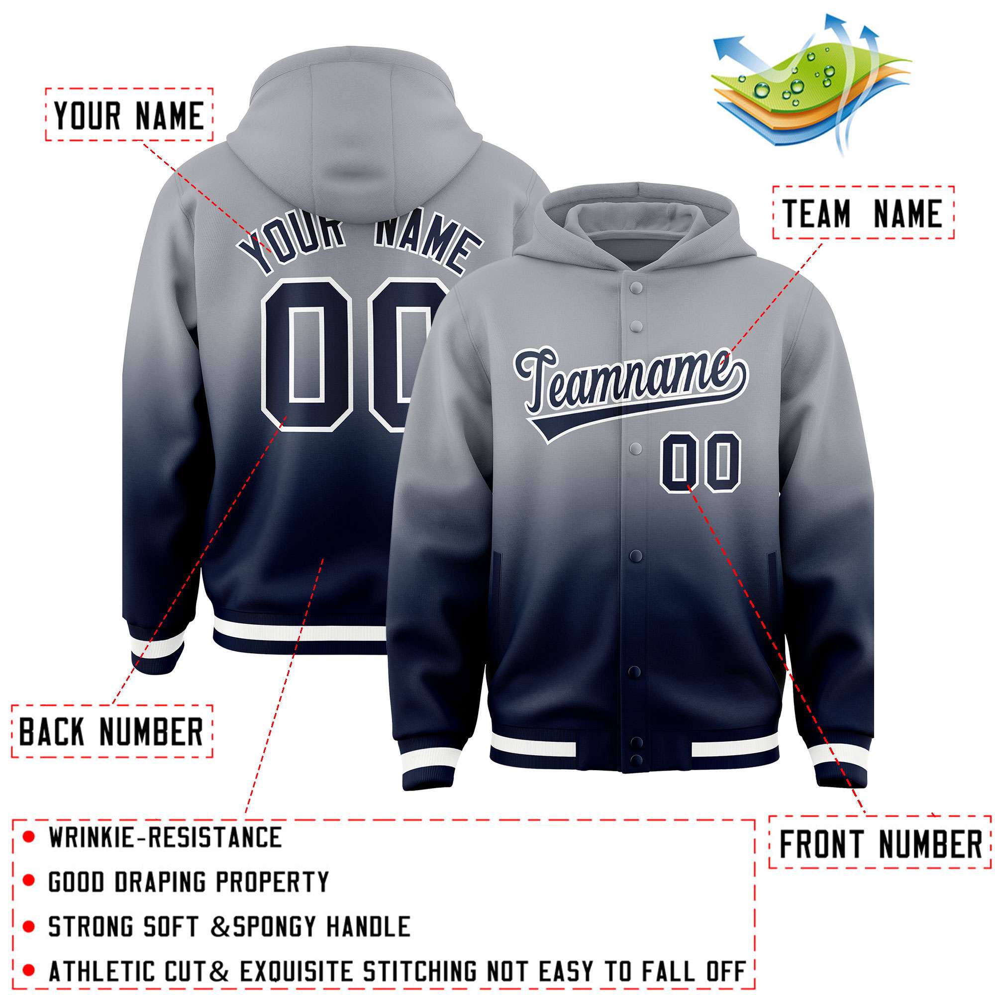 Custom Gray Navy Varsity Full-Snap Letterman Gradient Hoodie Jacket