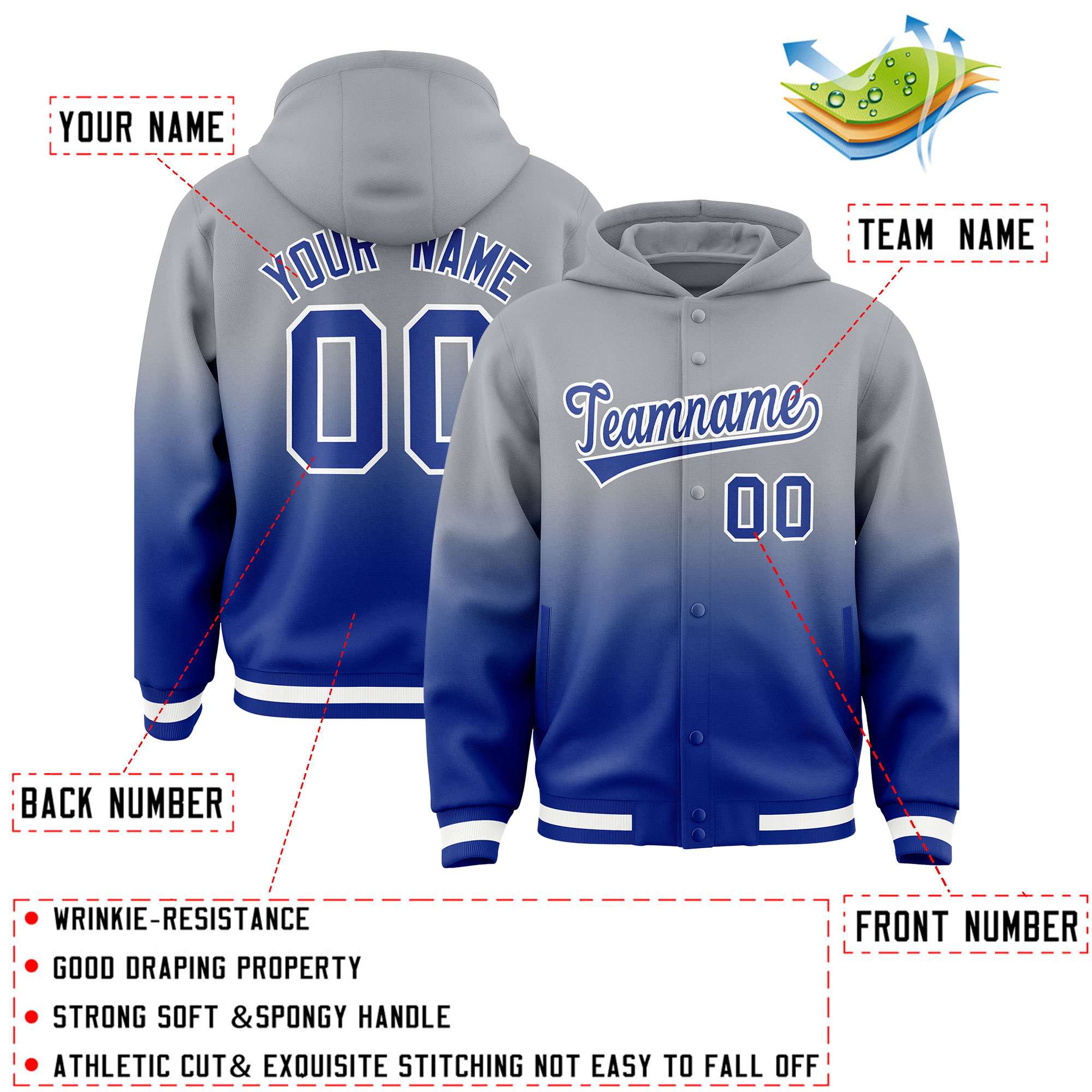 Custom Gray Royal Varsity Full-Snap Letterman Gradient Hoodie Jacket