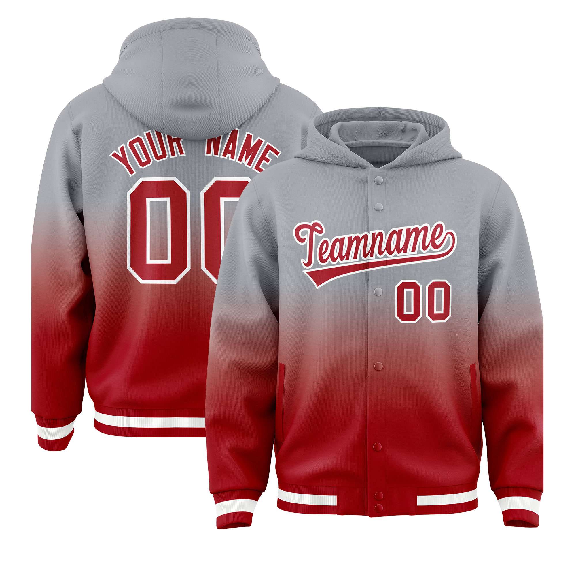 Custom Gray Red Varsity Full-Snap Letterman Gradient Hoodie Jacket