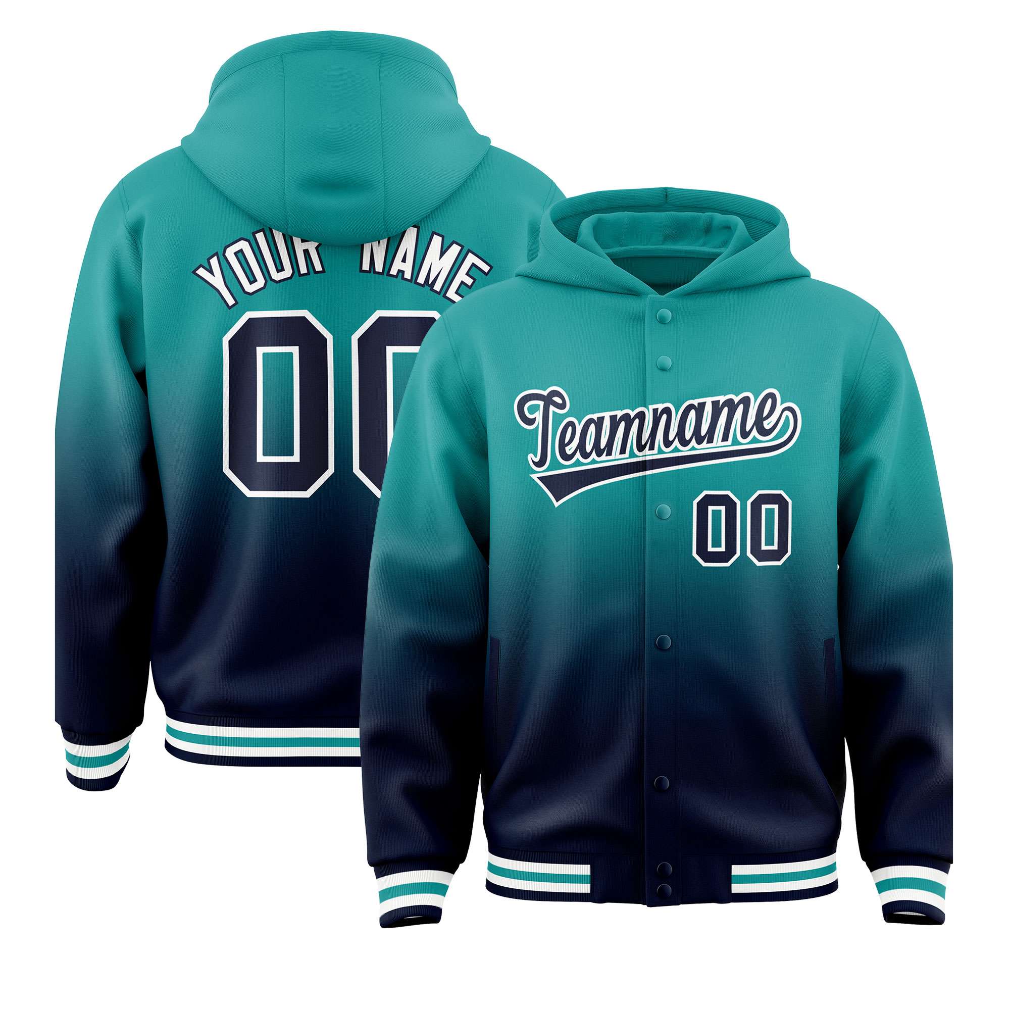 Custom Aqua Navy Varsity Full-Snap Letterman Gradient Hoodie Jacket