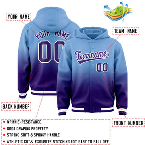 Custom Powder Blue Purple Varsity Full-Snap Letterman Gradient Hoodie Jacket