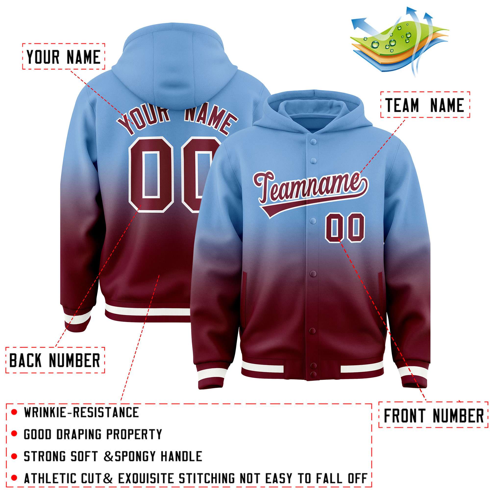 Custom Powder Blue Crimson Varsity Full-Snap Letterman Gradient Hoodie Jacket