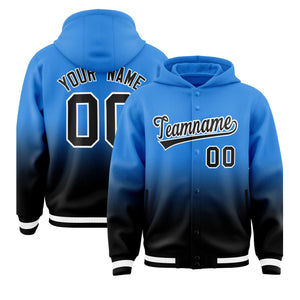 Custom Blue Black Varsity Full-Snap Letterman Gradient Hoodie Jacket