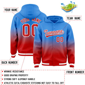 Custom Blue Red Varsity Full-Snap Letterman Gradient Hoodie Jacket