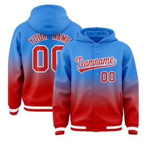 Custom Blue Red Varsity Full-Snap Letterman Gradient Hoodie Jacket