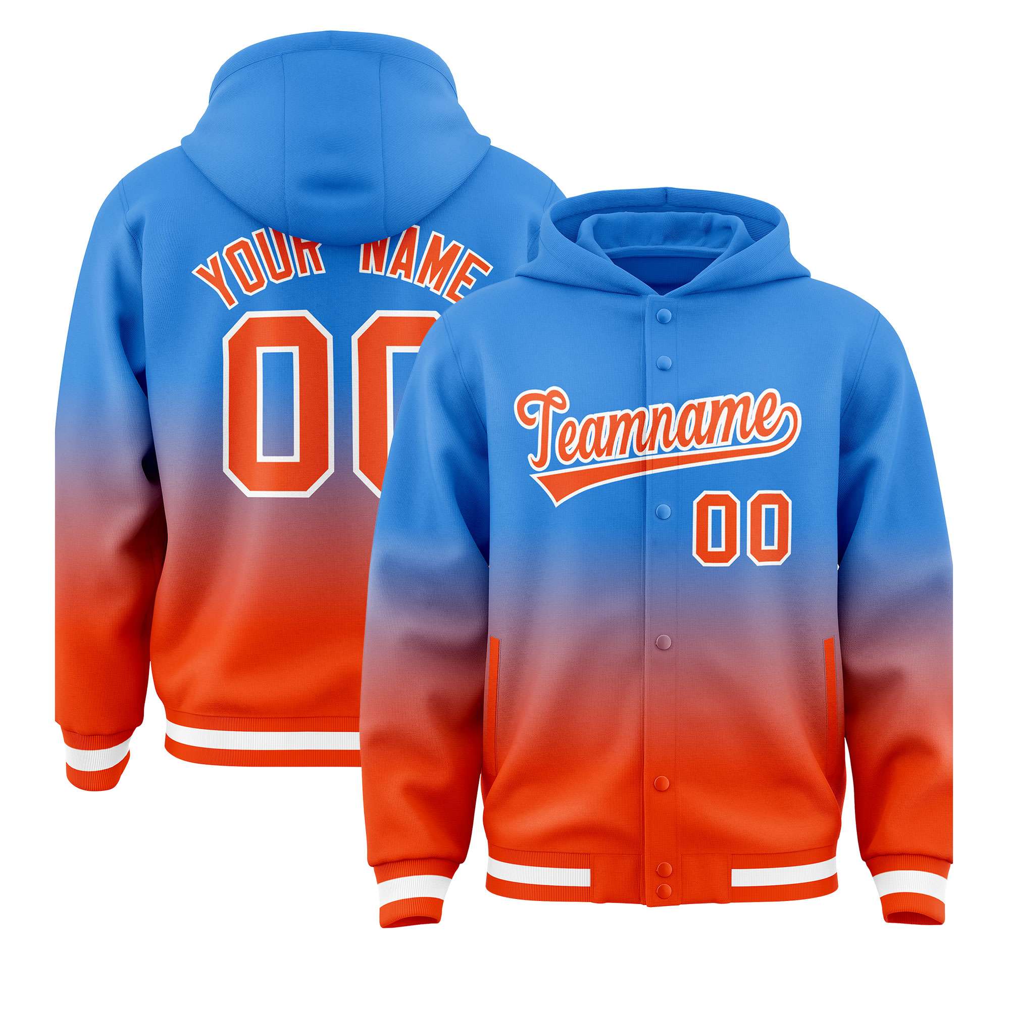 Custom Blue Orange Varsity Full-Snap Letterman Gradient Hoodie Jacket