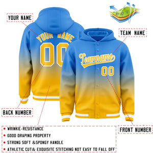 Custom Blue Yellow Varsity Full-Snap Letterman Gradient Hoodie Jacket