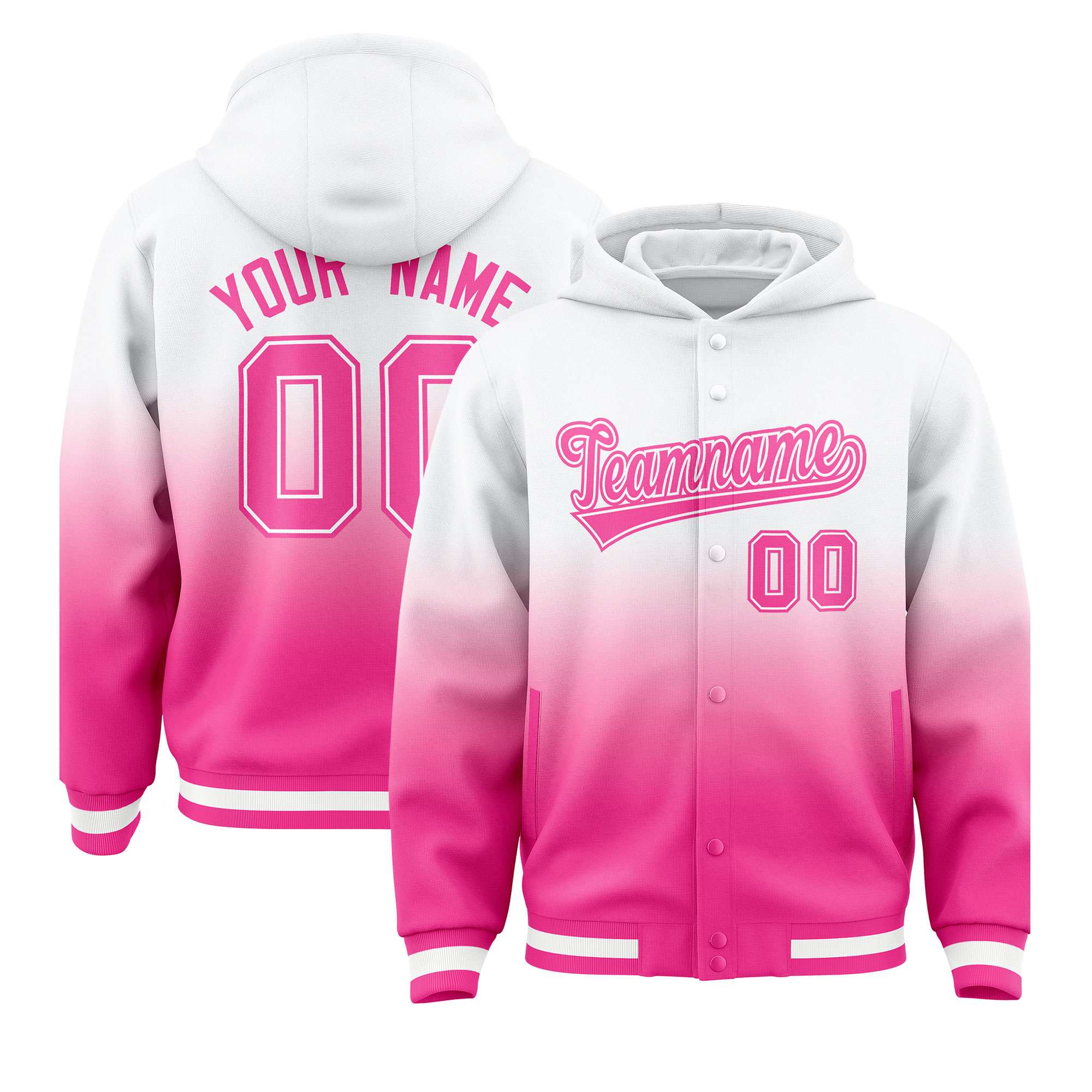 Custom White Pink Varsity Full-Snap Letterman Gradient Hoodie Jacket