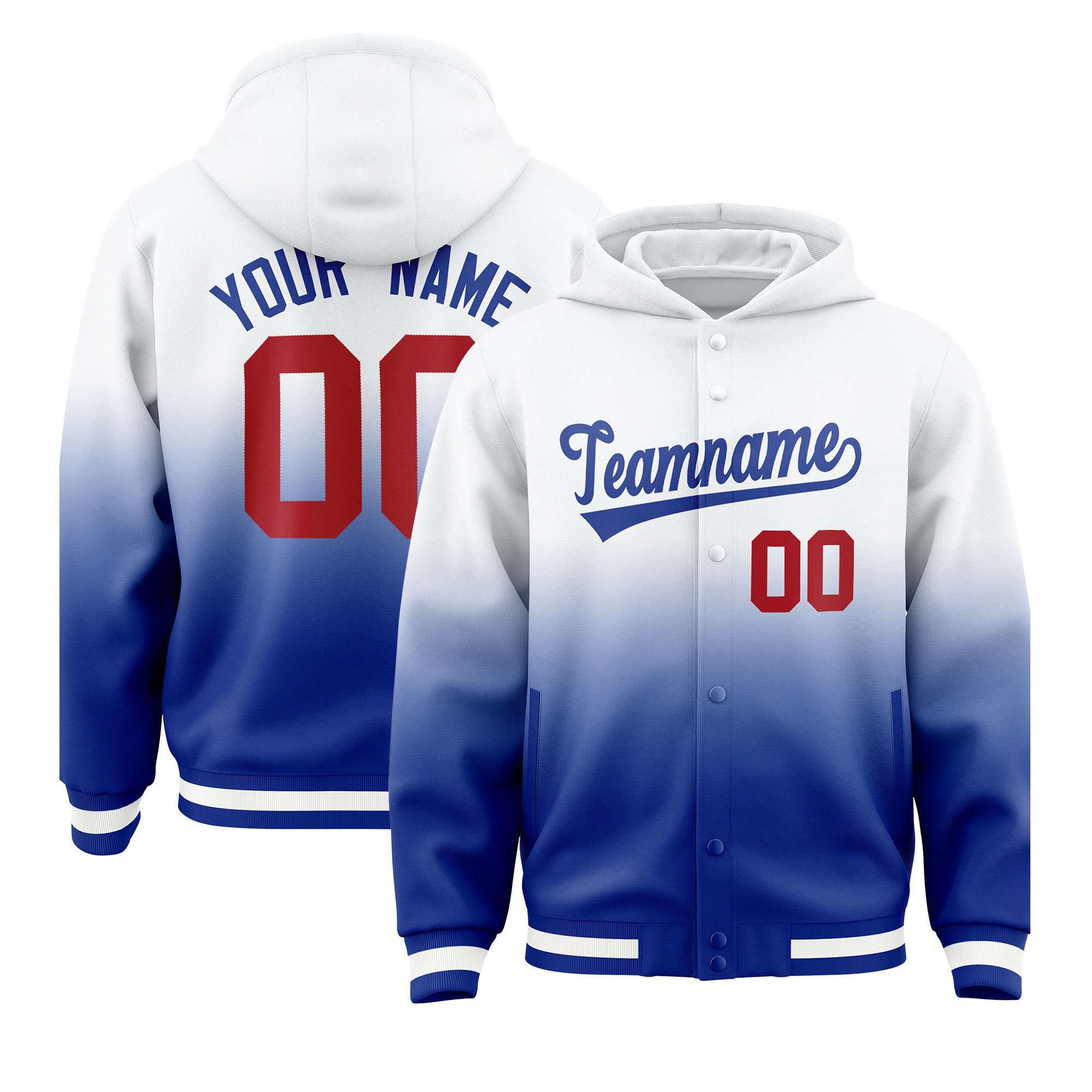 Custom White Royal Varsity Full-Snap Letterman Gradient Hoodie Jacket