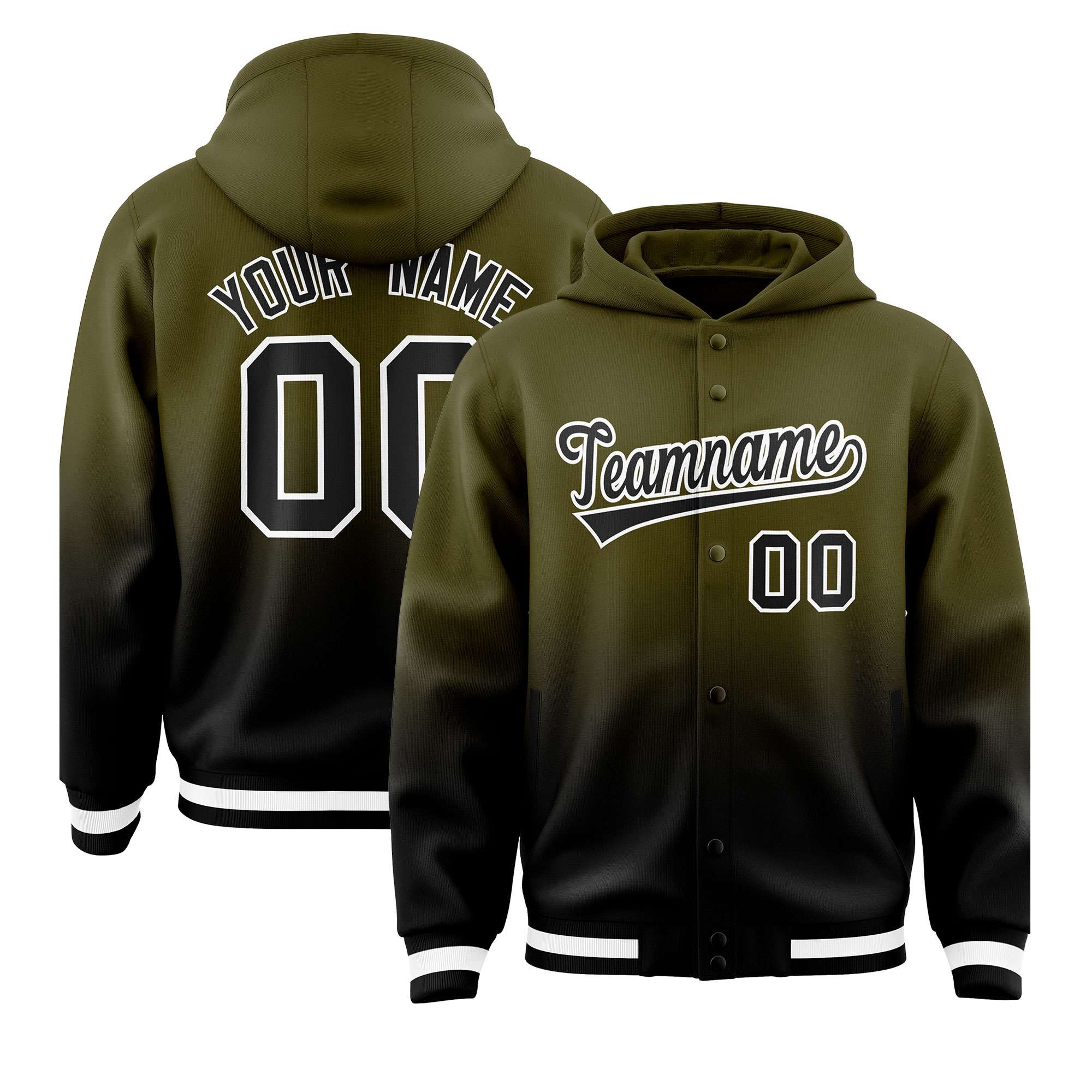 Custom Olive Black Varsity Full-Snap Letterman Gradient Hoodie Jacket