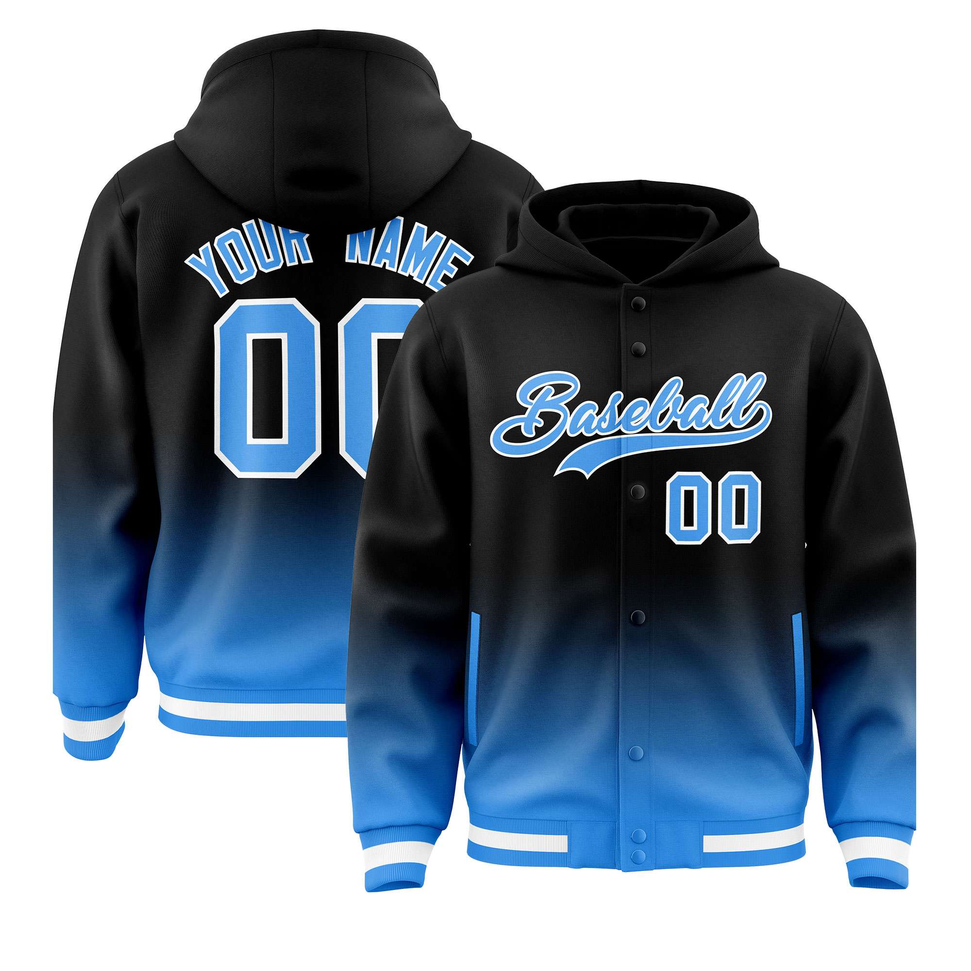 Custom Black Blue Varsity Full-Snap Letterman Gradient Hoodie Jacket