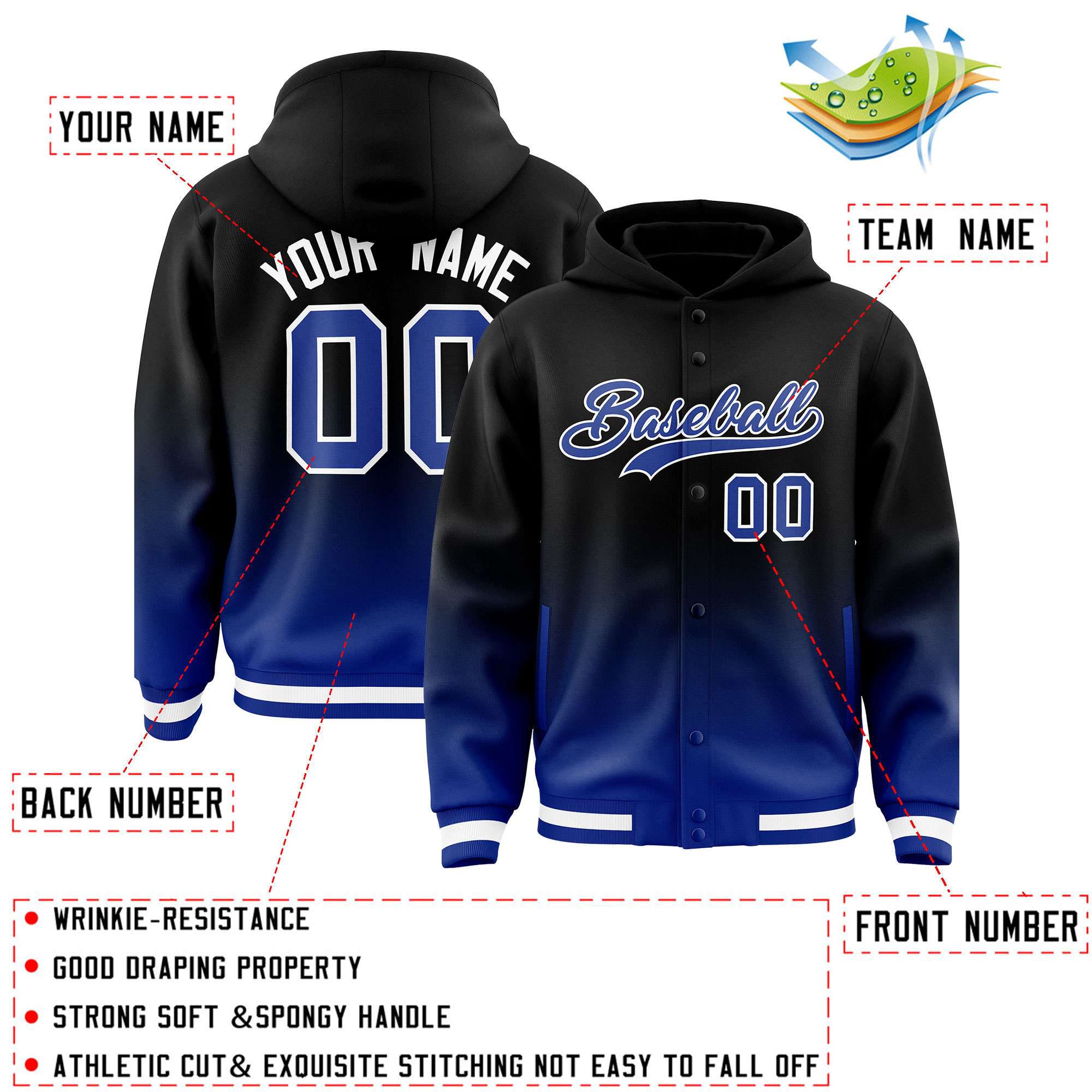 Custom Black Royal Varsity Full-Snap Letterman Gradient Hoodie Jacket