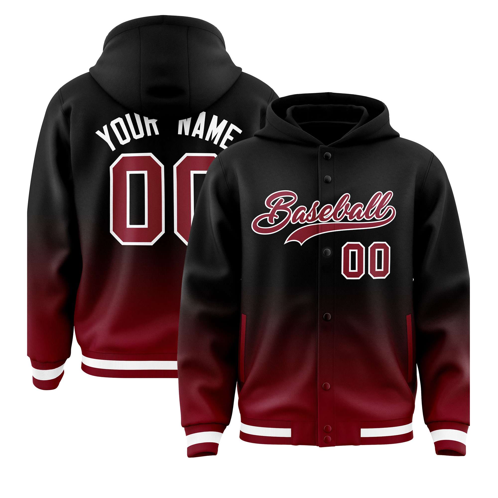 Custom Black Crimson Varsity Full-Snap Letterman Gradient Hoodie Jacket