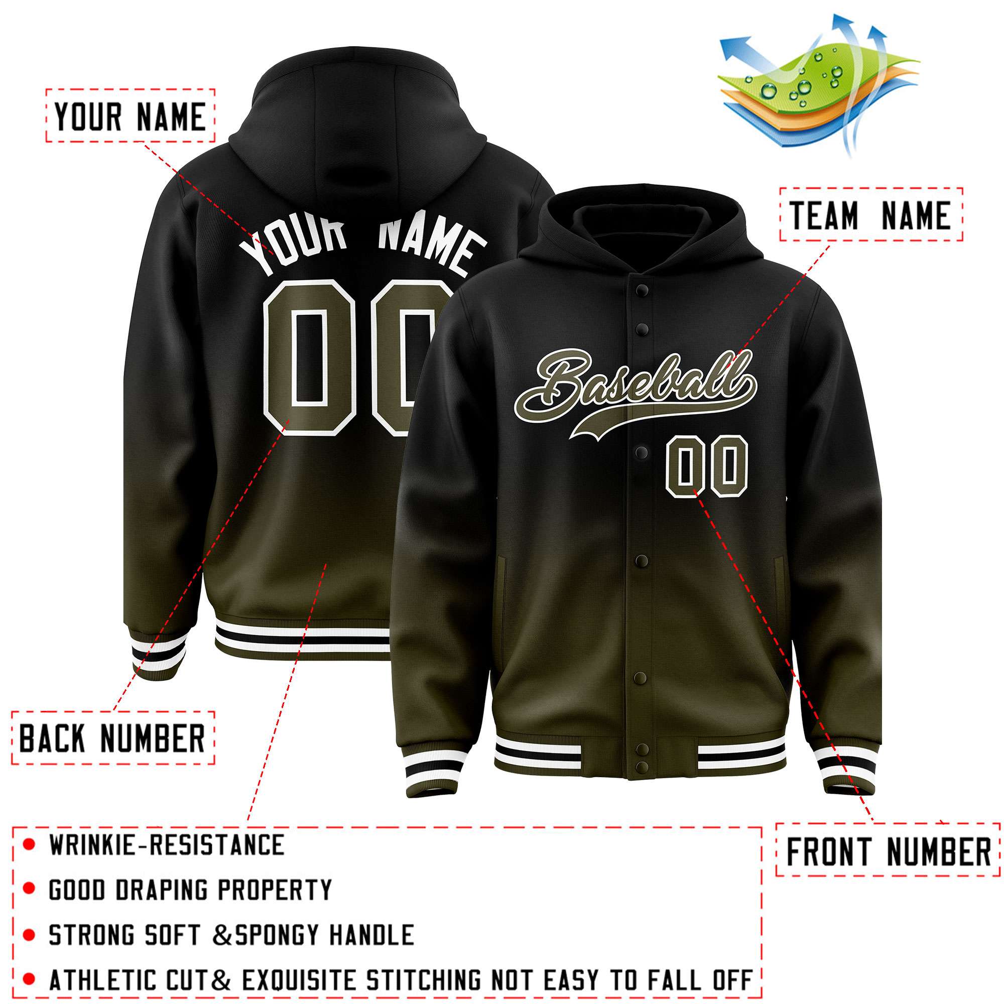 Custom Black Olive Varsity Full-Snap Letterman Gradient Hoodie Jacket