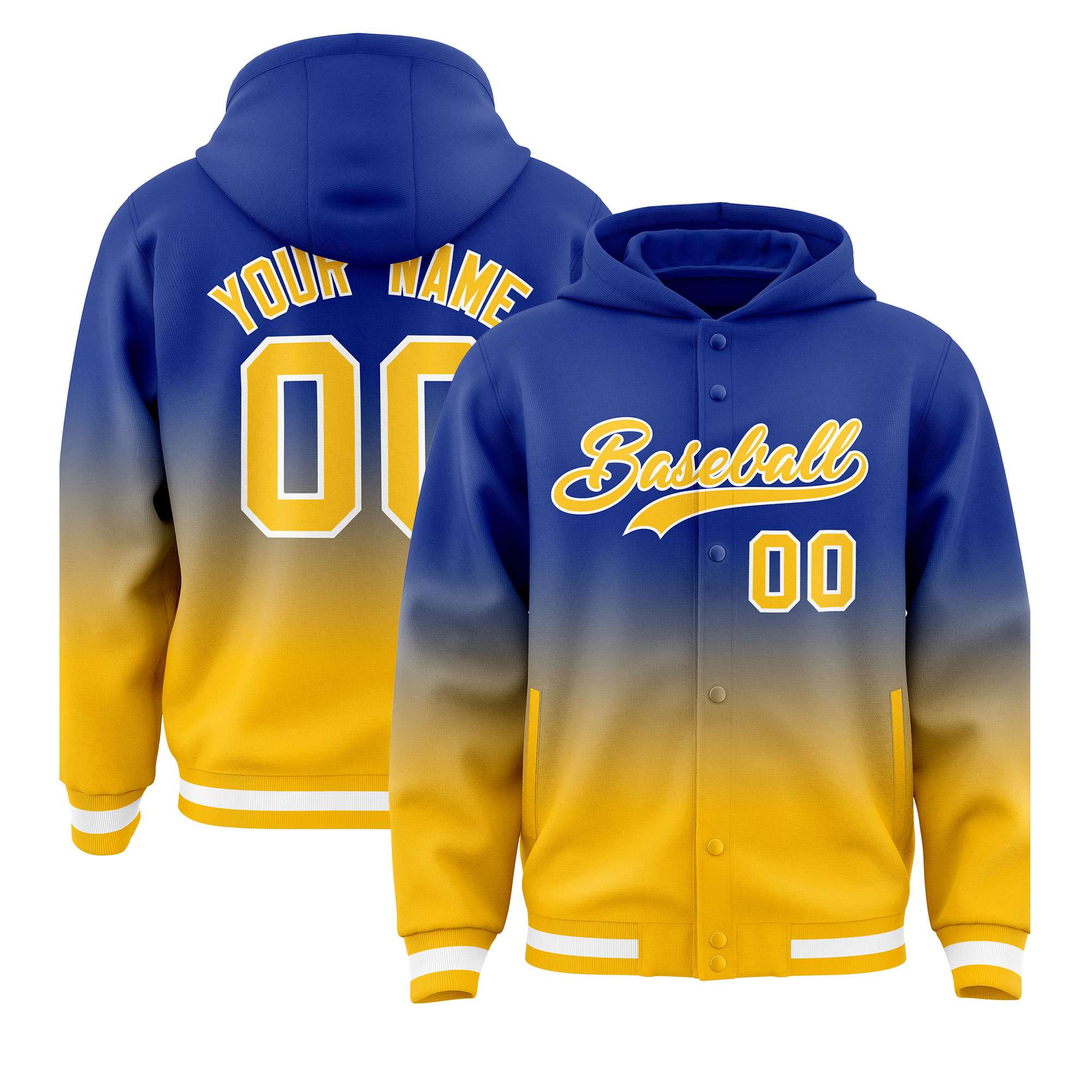 Custom Royal Yellow Varsity Full-Snap Letterman Gradient Hoodie Jacket