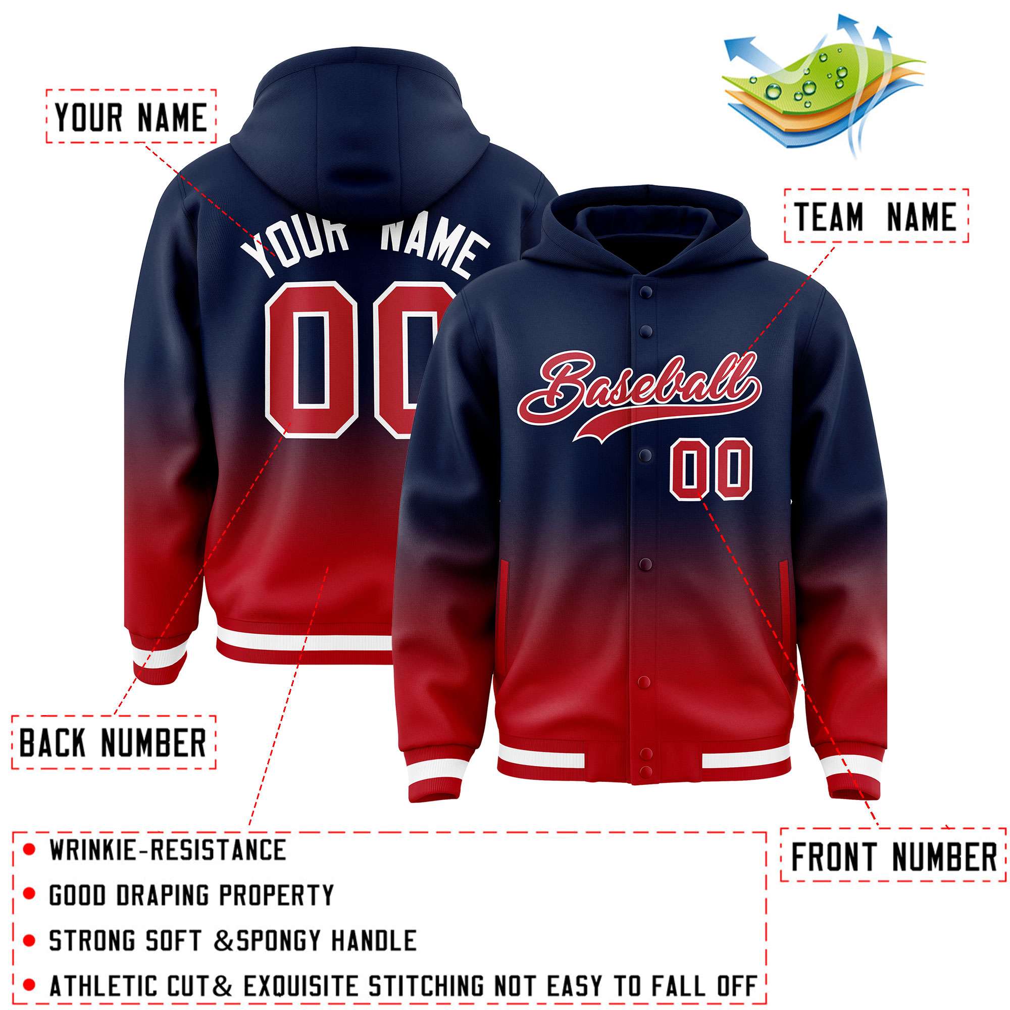 Custom Navy Red Varsity Full-Snap Letterman Gradient Hoodie Jacket