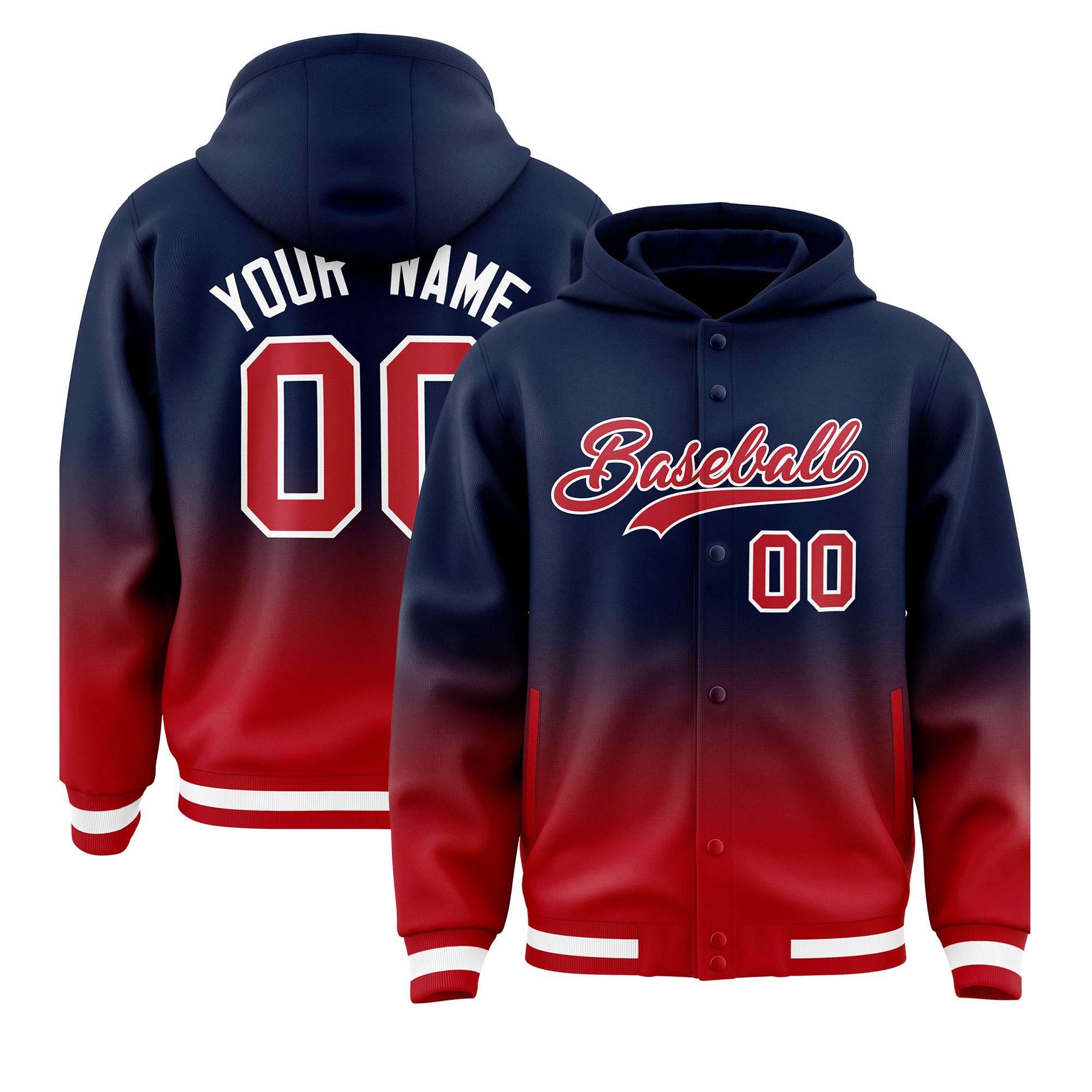 Custom Navy Red Varsity Full-Snap Letterman Gradient Hoodie Jacket