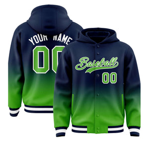 Custom Navy Light Green Varsity Full-Snap Letterman Gradient Hoodie Jacket