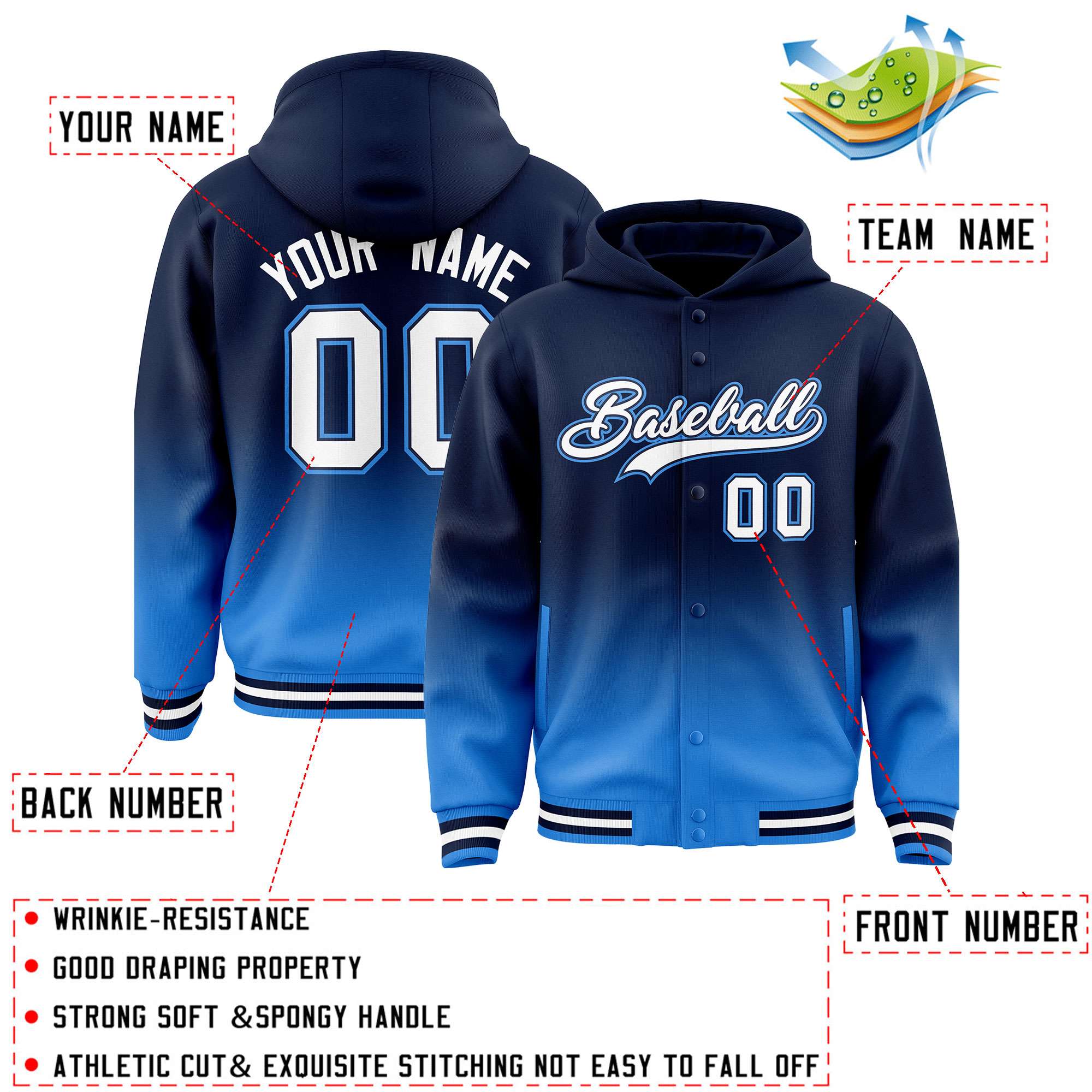 Custom Navy Blue Varsity Full-Snap Letterman Gradient Hoodie Jacket