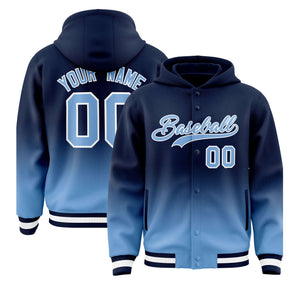 Custom Navy Powder Blue Varsity Full-Snap Letterman Gradient Hoodie Jacket