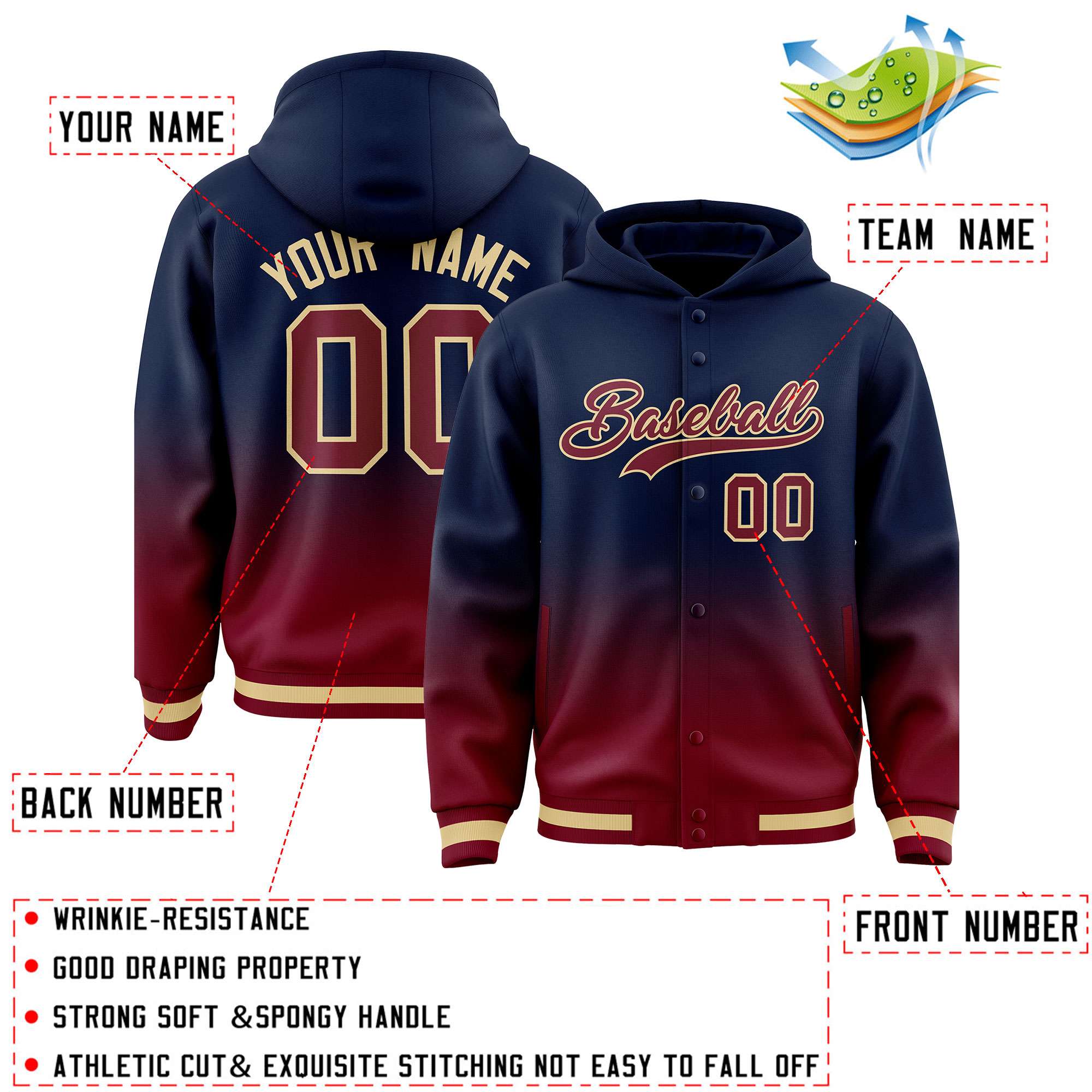 Custom Navy Crimson Varsity Full-Snap Letterman Gradient Hoodie Jacket