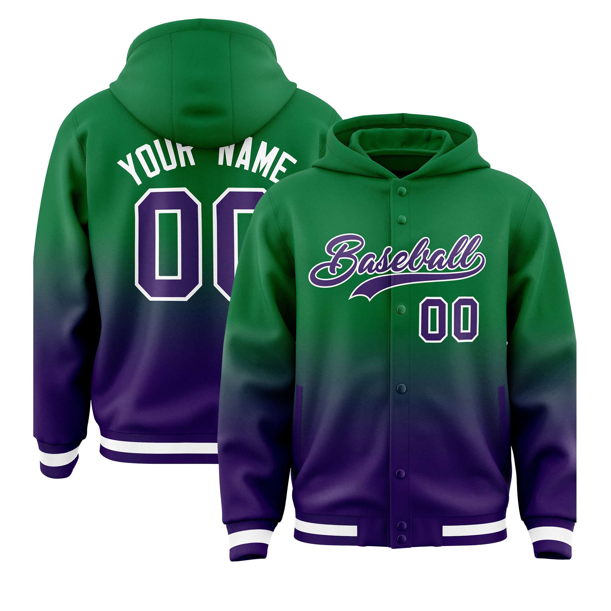 Custom Green Purple Varsity Full-Snap Letterman Gradient Hoodie Jacket