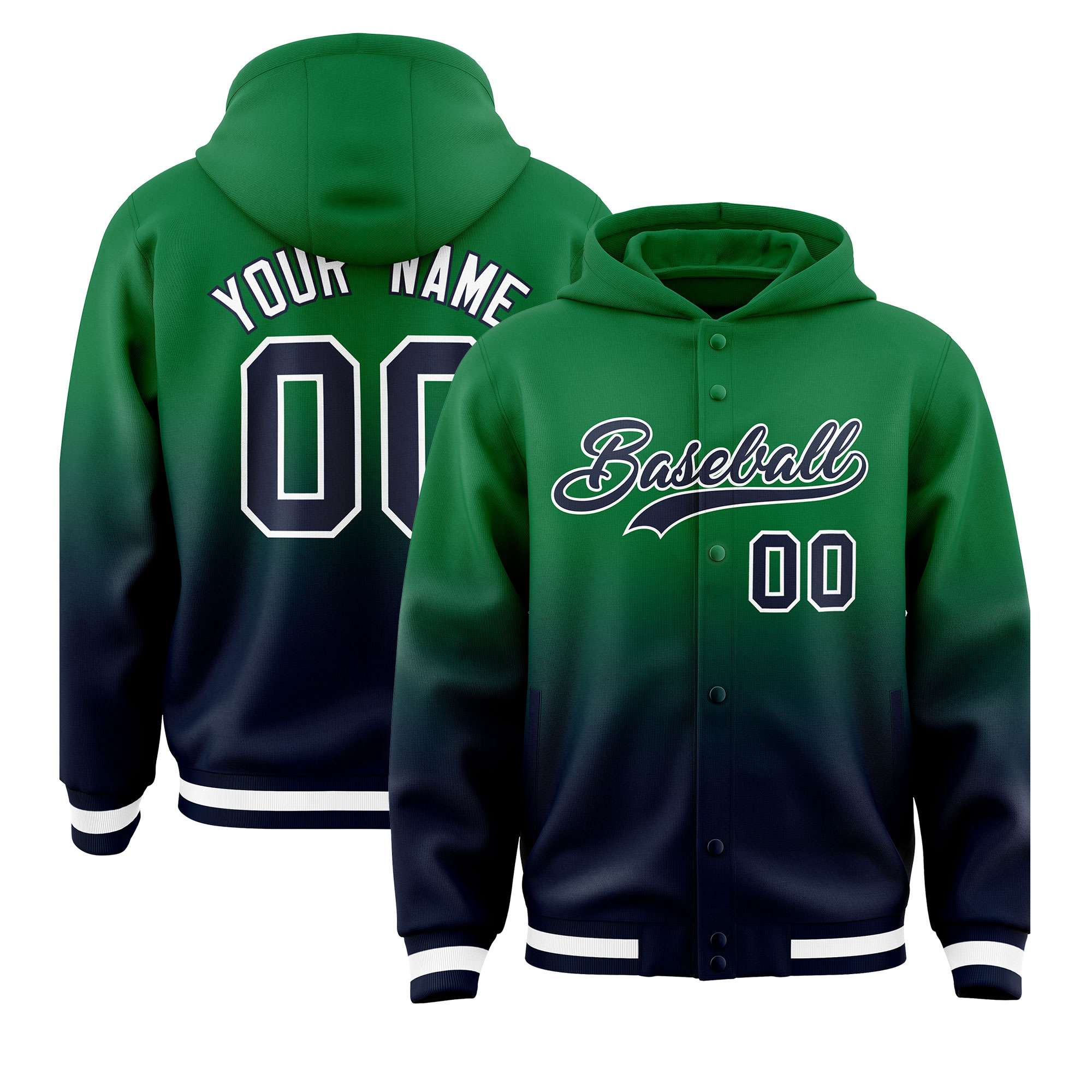 Custom Green Navy Varsity Full-Snap Letterman Gradient Hoodie Jacket