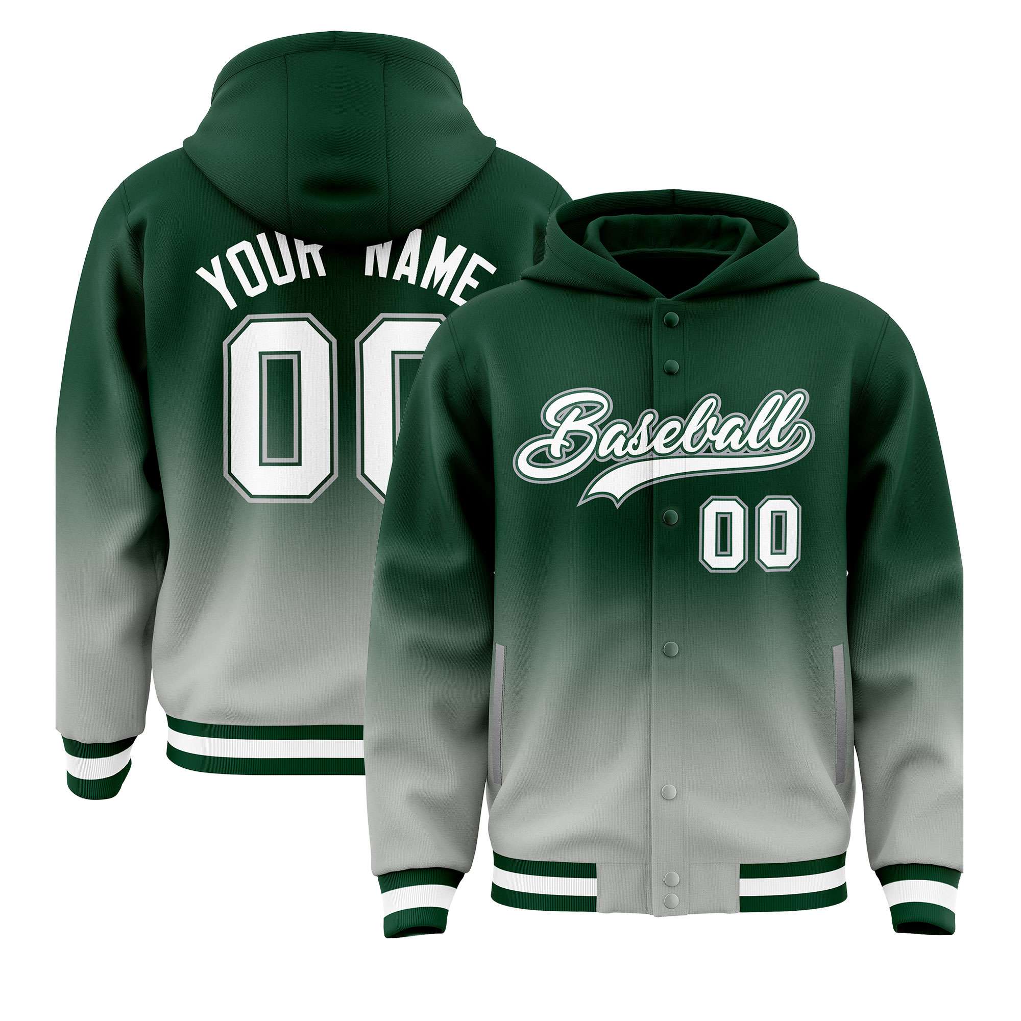 Custom Green Gray Varsity Full-Snap Letterman Gradient Hoodie Jacket