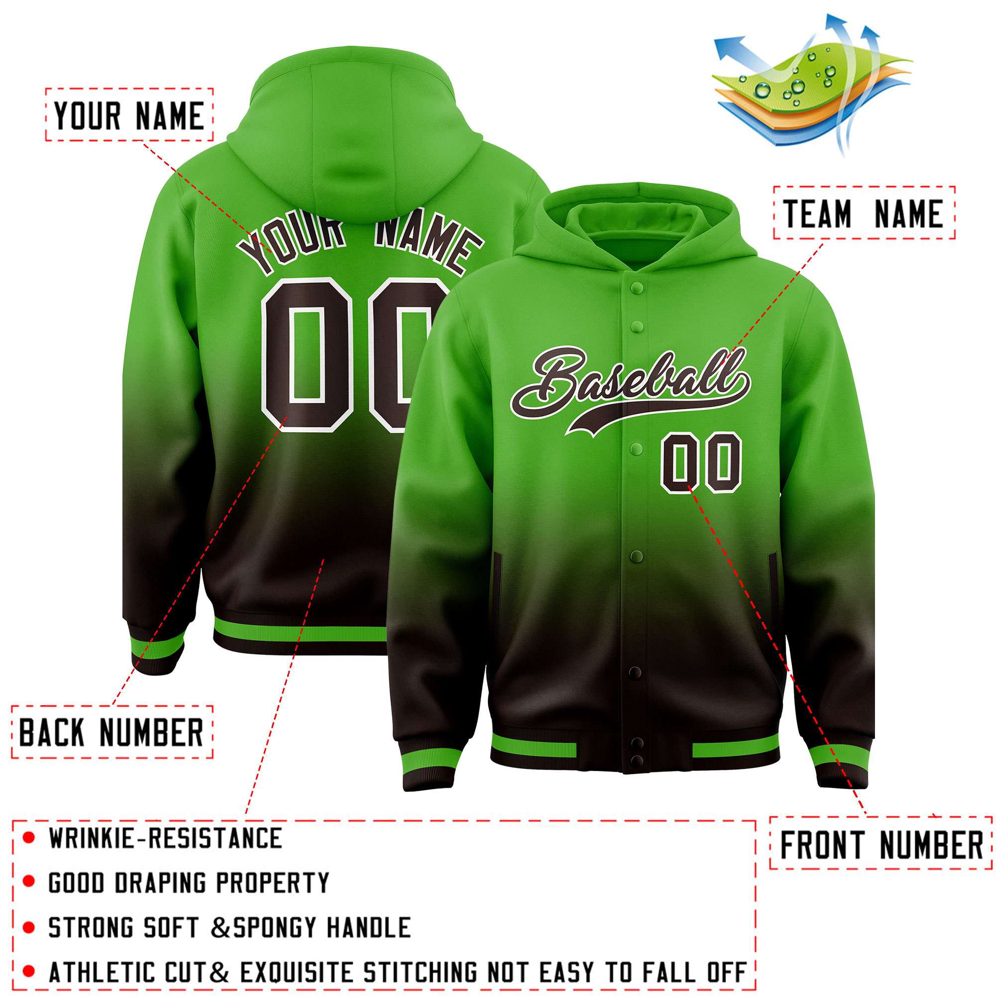 Custom Green Brown Varsity Full-Snap Letterman Gradient Hoodie Jacket