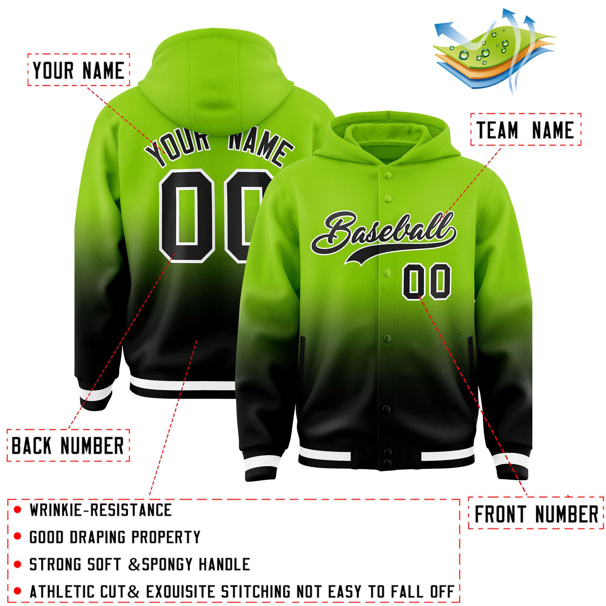 Custom Neon Green Black Varsity Full-Snap Letterman Gradient Hoodie Jacket