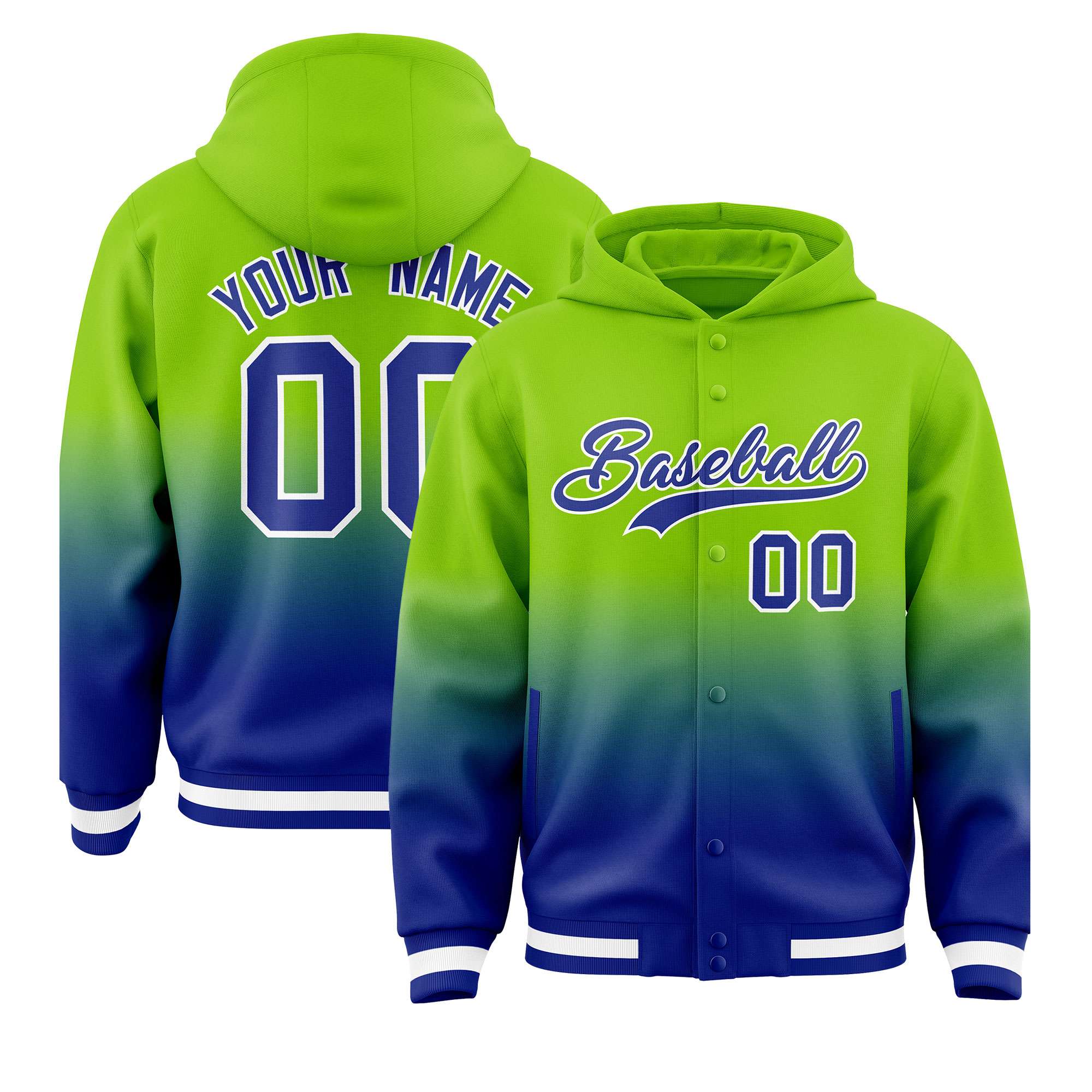 Custom Neon Green Royal Varsity Full-Snap Letterman Gradient Hoodie Jacket