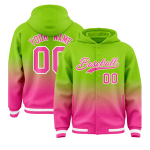 Custom Neon Green Pink Varsity Full-Snap Letterman Gradient Hoodie Jacket