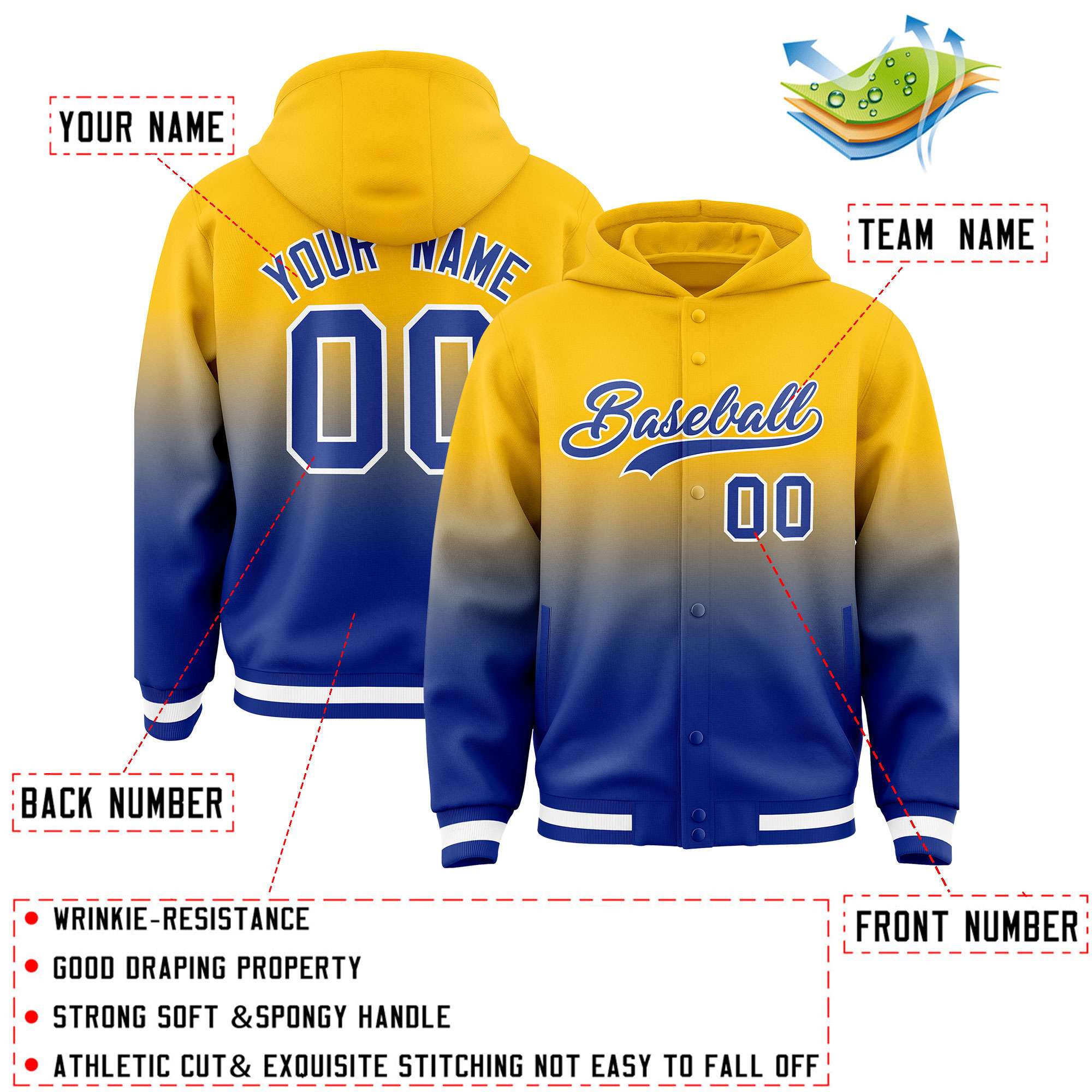 Custom Yellow Royal Varsity Full-Snap Letterman Gradient Hoodie Jacket