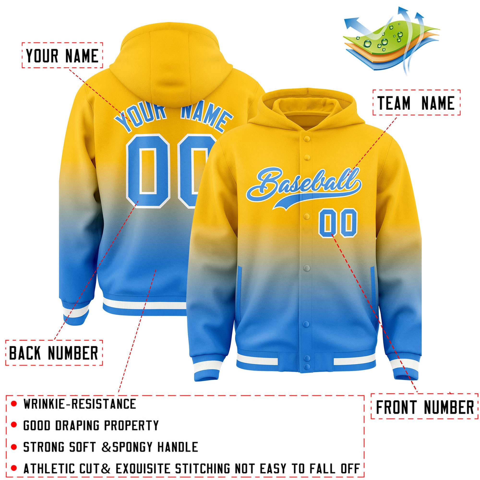 Custom Yellow Blue Varsity Full-Snap Letterman Gradient Hoodie Jacket