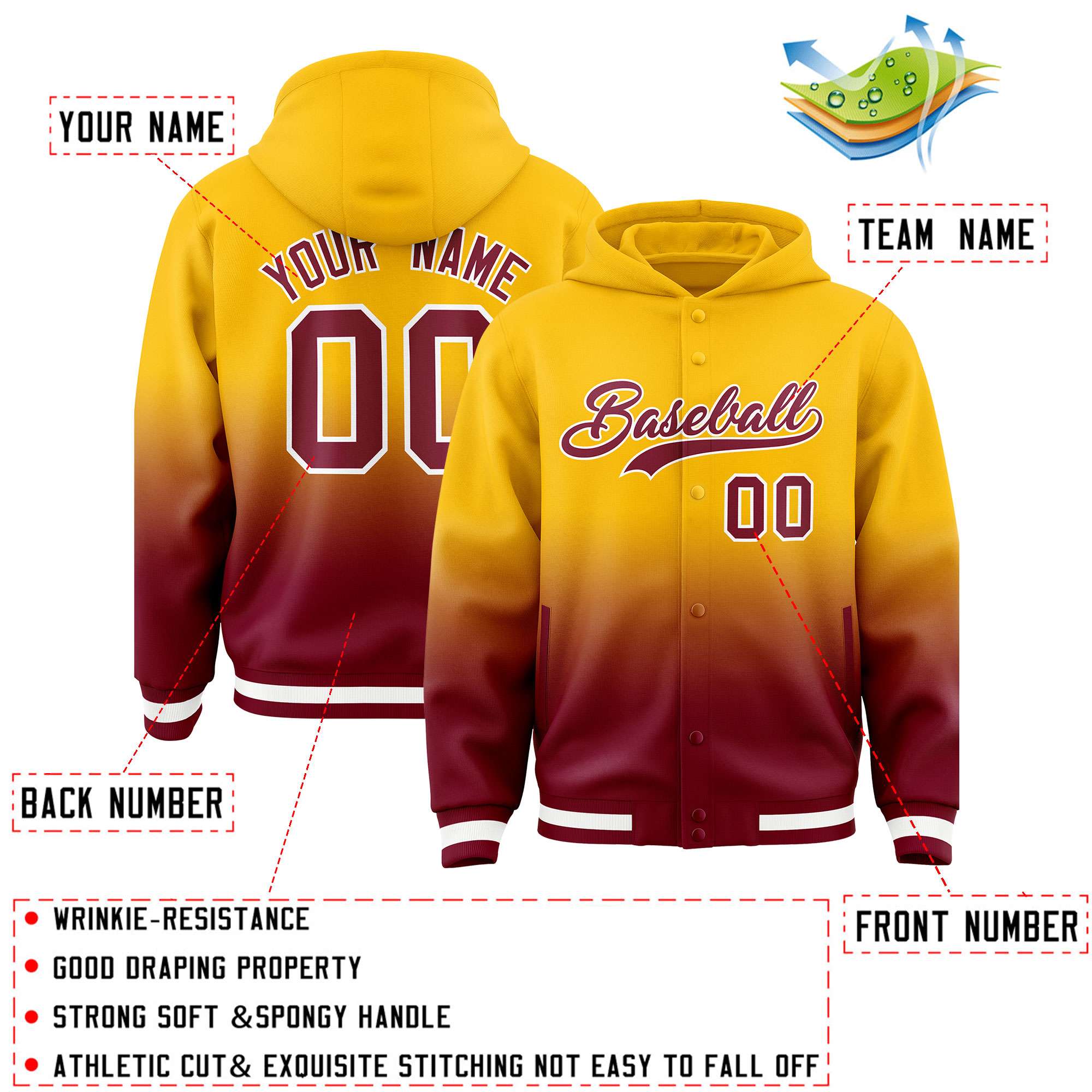 Custom Yellow Crimson Varsity Full-Snap Letterman Gradient Hoodie Jacket