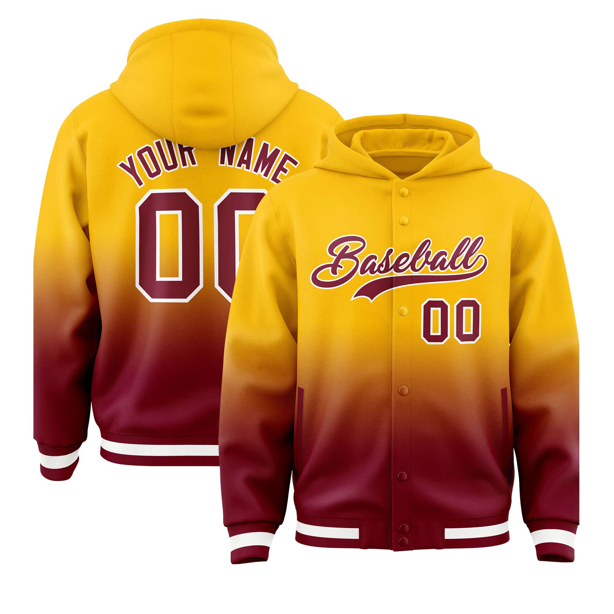 Custom Yellow Crimson Varsity Full-Snap Letterman Gradient Hoodie Jacket