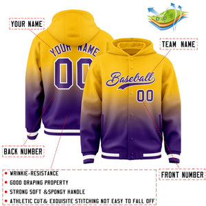 Custom Yellow Purple Varsity Full-Snap Letterman Gradient Hoodie Jacket